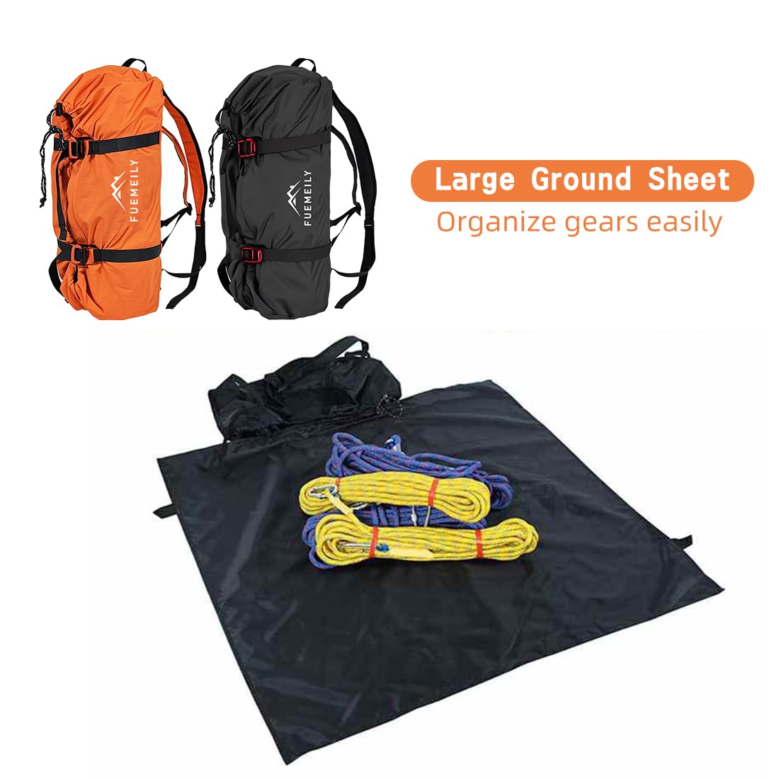 FUEMEILY Rock Climbing Rope Bag, Large Capacity Folding Rope Storage Backpack with Ground Sheet, Adjustable Straps Outdoor Climbing Gears Orange