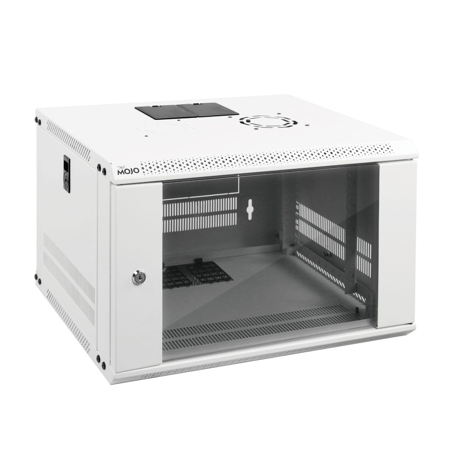 Tecmojo 6U Wall Mount Rack Network Cabinet for 19" IT Equipment,with Lockable Glass Door and Side Panels,Cooling Fan,17.7inch Depth,White