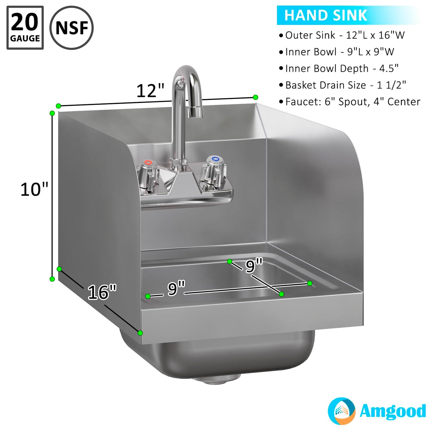AmGood Stainless Steel Wall Mount Hand Sink | NSF | Commercial Hand Washing Basin For Restaurant, Kitchen and Home (12" x 16" with Sidesplash)