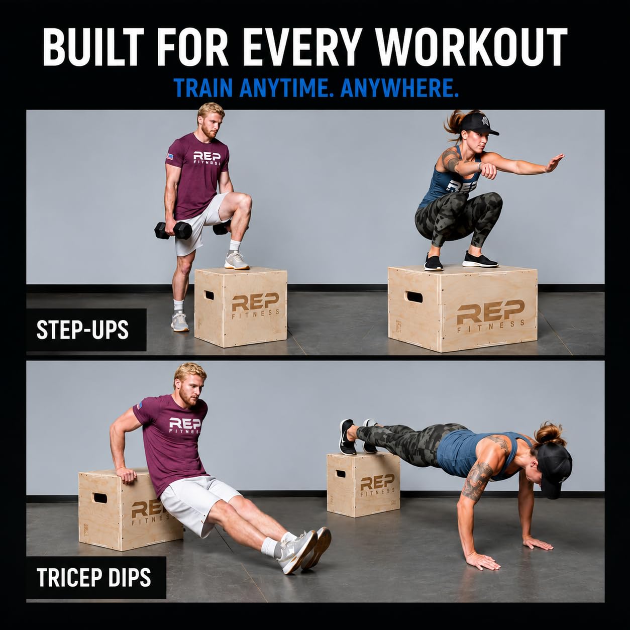 Rep Plyometric Wood Jump Box | CrossFit & Strength Training | 24/20/16 Wooden Step Platforms | Gym & Sports Workouts | Fitness, Exercise, Physical Therapy Equipment | Pro Conditioning Tool