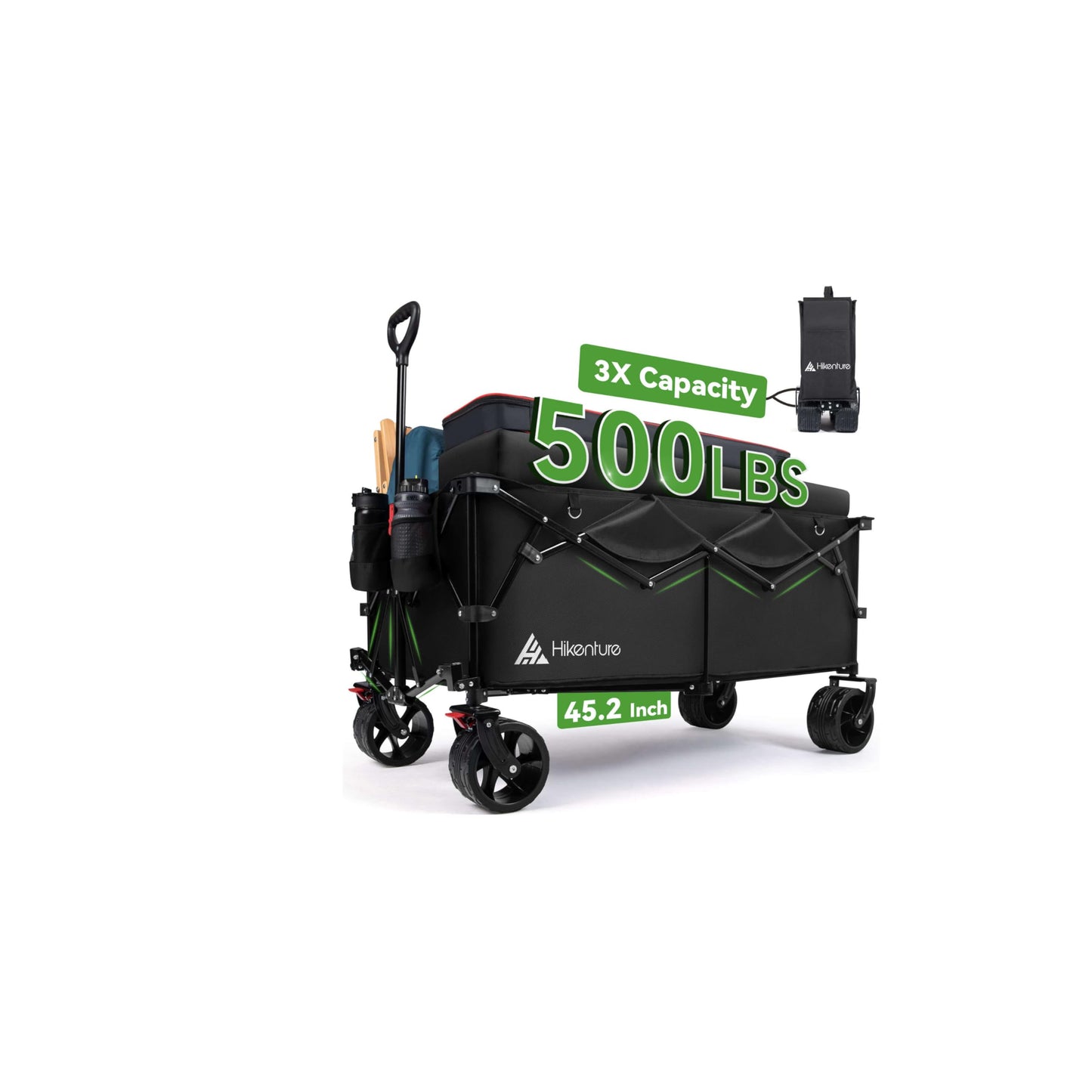 Hikenture Extended Collapsible Wagon, 500 LBS Wagons Carts Foldable, Heavy Duty Beach Wagon with Big Wheels for Sand, 300L Large Capacity Foldable Wagons, Utility Grocery Cart for Garden, Sports