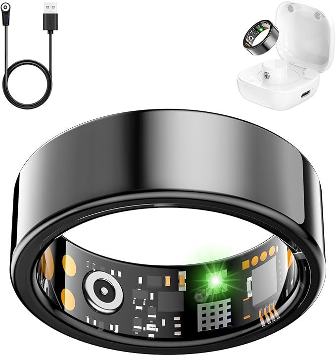 Smart Health Ring for Women Men, Fitness Tracker Ring with Heart Rate, Blood Oxygen, Sleep Tracker, Step Tracker, No Subscription Fee, IP68 Waterproof Smart Ring for iPhone & Android (Black, 6#)