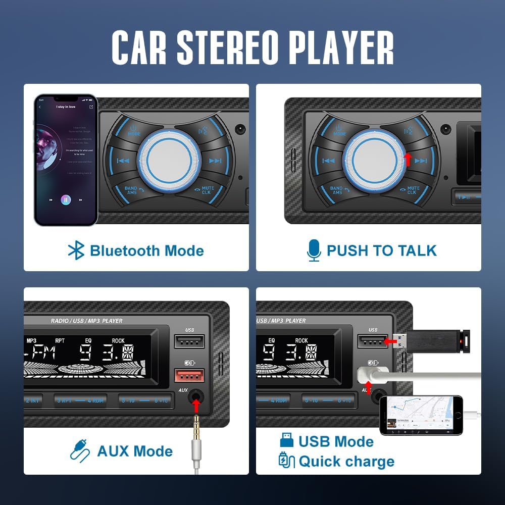 KUNFINE MP3, 2 USB(2.1A Audio Systems Car Stereo - Single Din, Voice Control, Bluetooth, No CD DVD Player, FM Radio