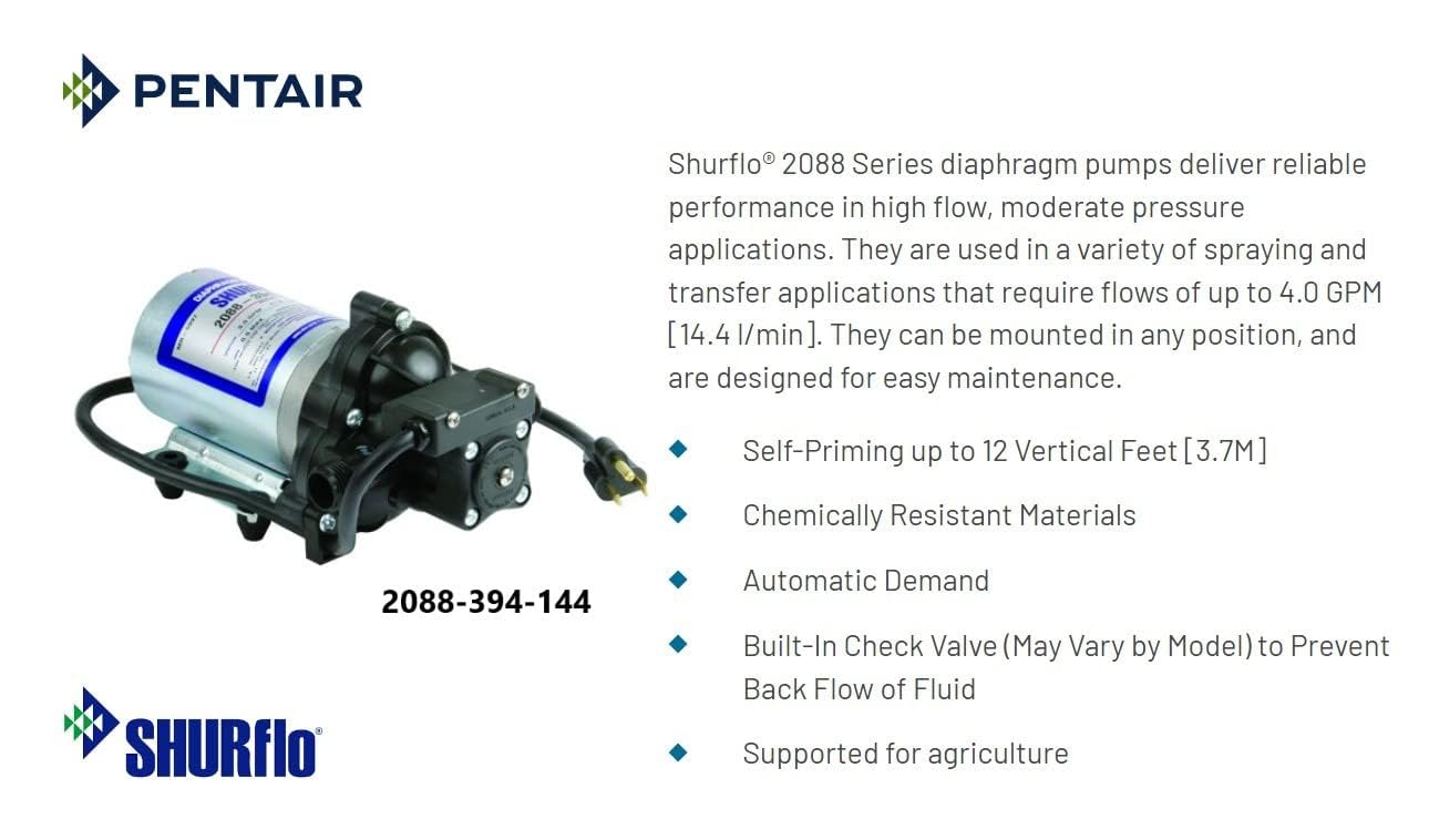 PENTAIR SHURFLO 2088-394-144 Automatic Demand Diaphragm Pump, 115VAC, 45 PSI, 3.0 GPM, Switch Control, Polypropylene Housing, Viton Valve, Santoprene, Chemically Resistant