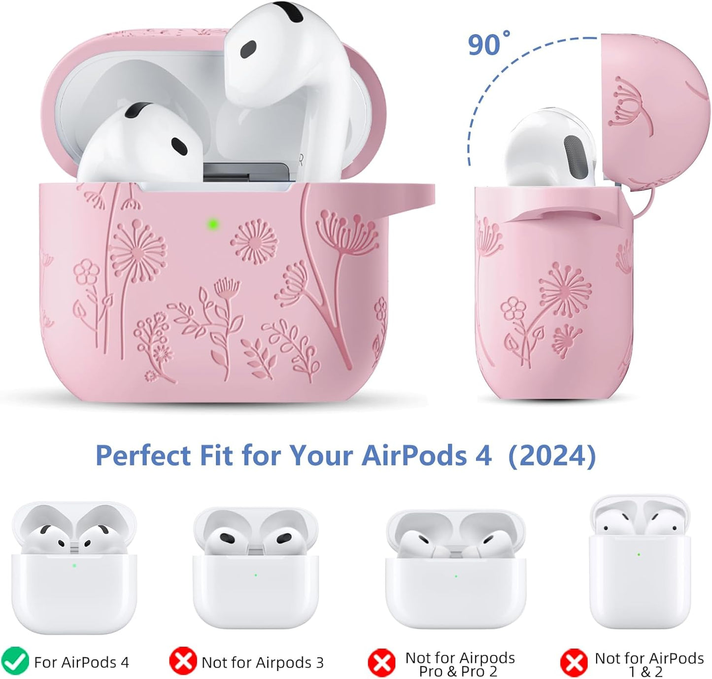 Lerobo 4 4 2024 for Airpods Case Cover with Cleaner Kit, Cute Flower Engraved Silicone Protective Case Cover