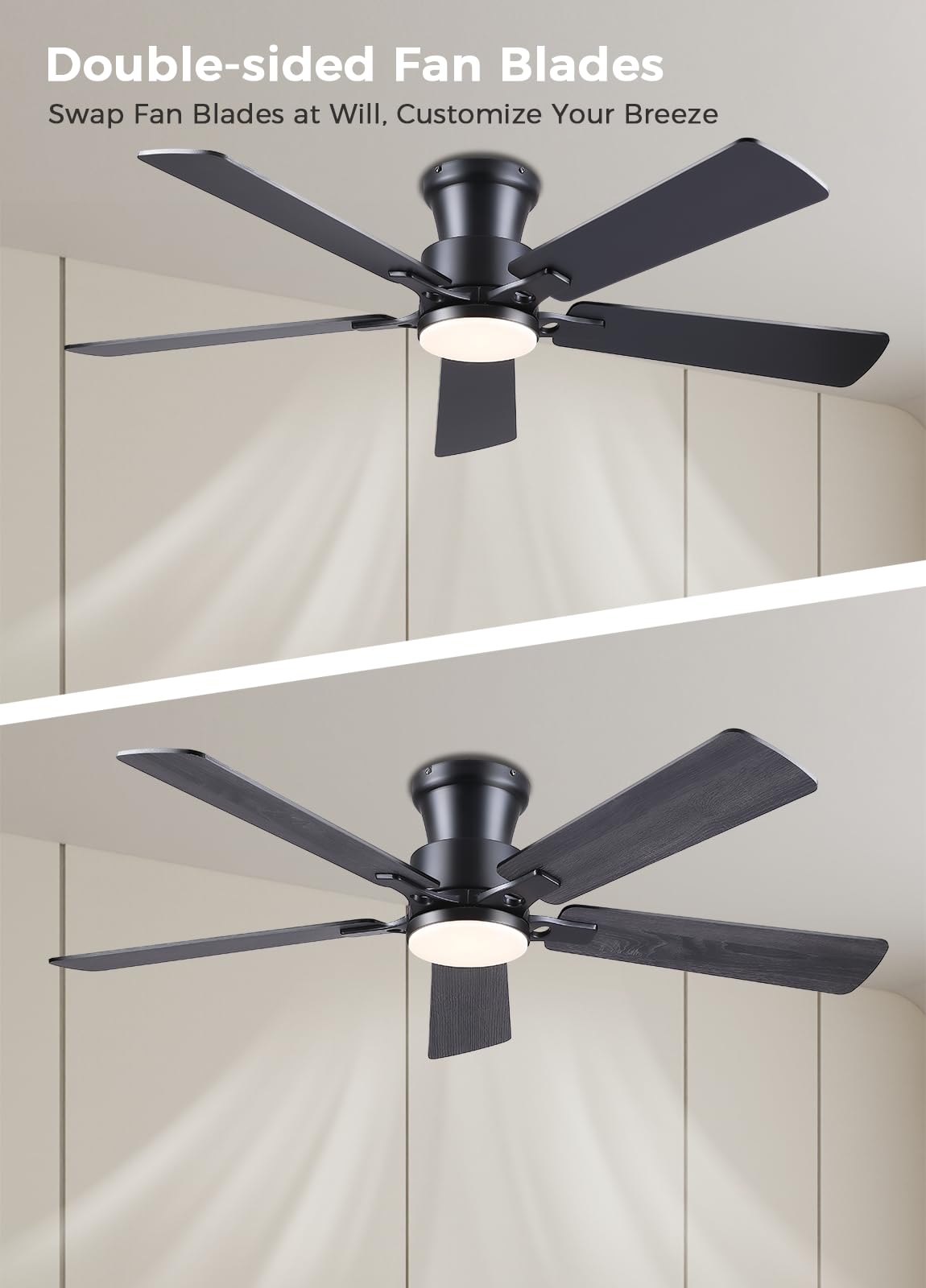 JSAITEE Ceiling Fans with Lights - Flush Mount Low Profile Flush Mount Ceiling Fans,DC Reversible Motor, 3CCT Dimmable, Noiseless, 6 Speeds Black Modern Ceiling Fan for Indoor/Outdoor