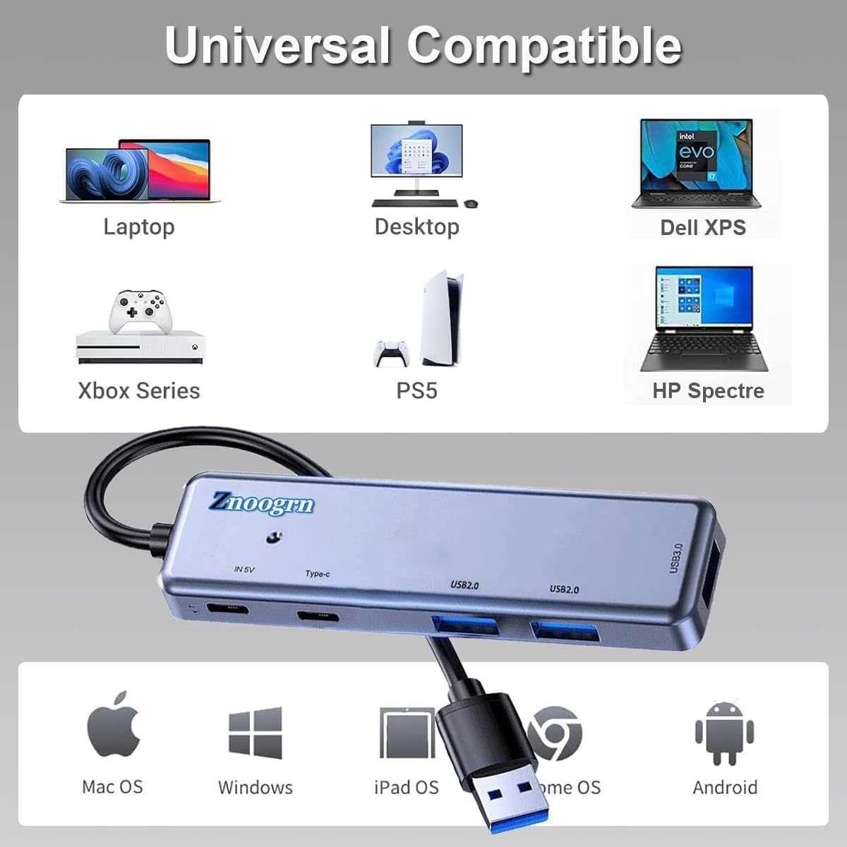 Znoogrn 5 1 3.0 5 in USB Hub, USB Extender with USB C Data Port, Ports USB Hub for Laptop, PC, Flash Drive, Mobile HDD