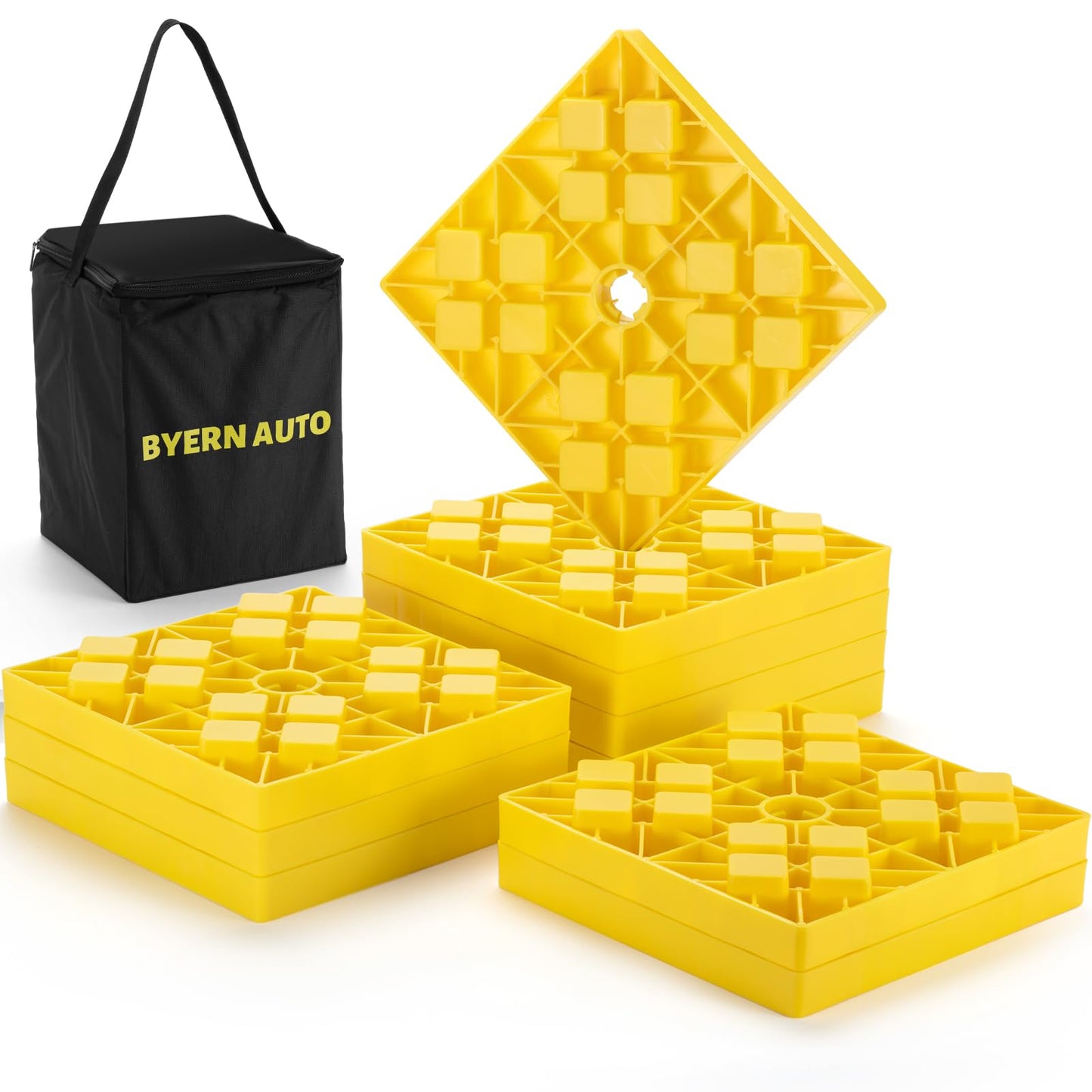 BYERNAUTO RV Leveling Blocks 10 Pack, Heavy Duty Camper Levels Blocks, Interlocking Leveling Blocks with Carrying Bag for Single and Dual Wheels Hydraulic Jacks Tongue Jacks Tandem axles Yellow