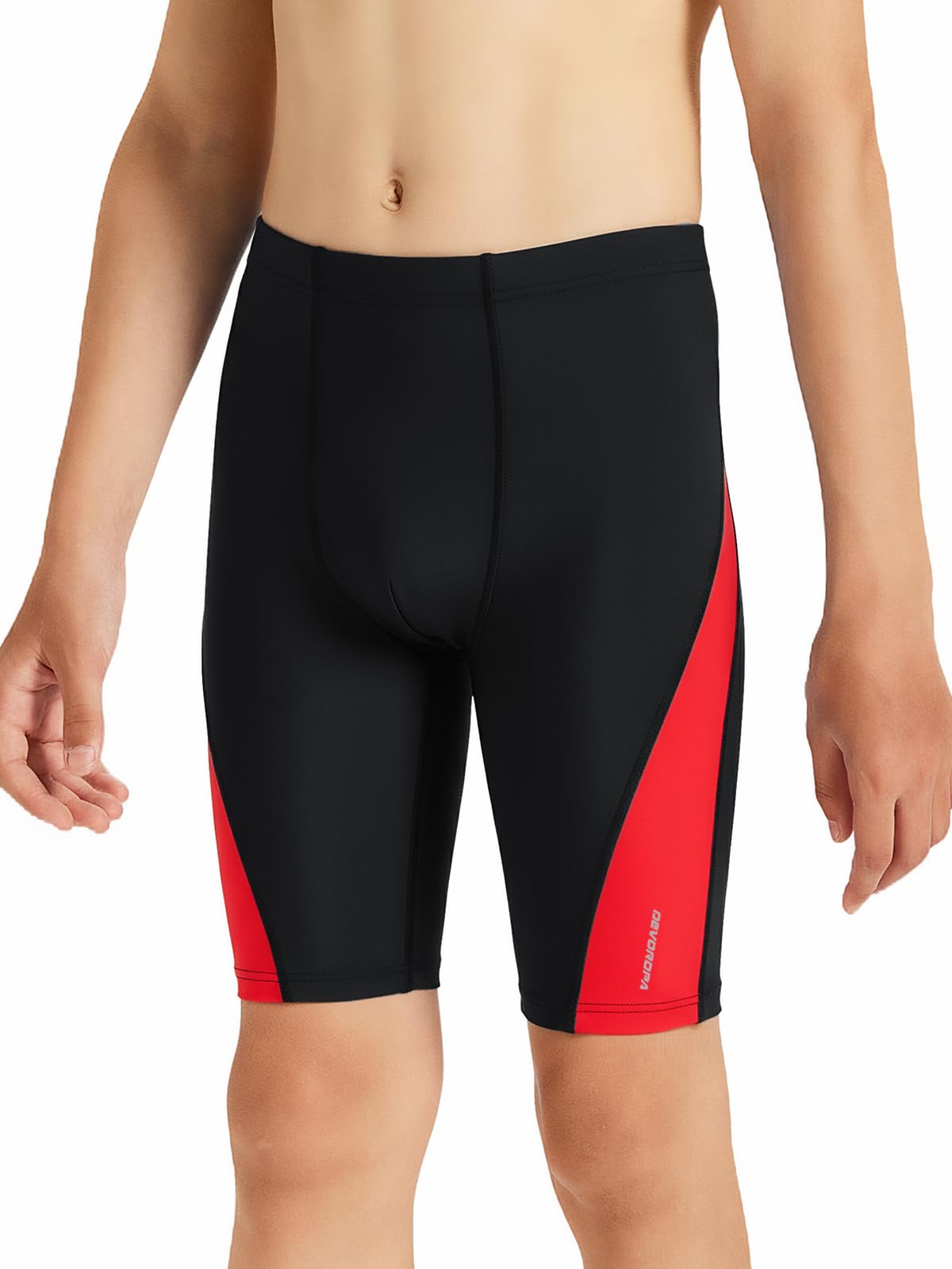 DEVOROPA Boys' Swim Jammers Youth Competitive Swim Team Suit Quick Dry Athletic Swimming Shorts UPF 50+ Black/Red L