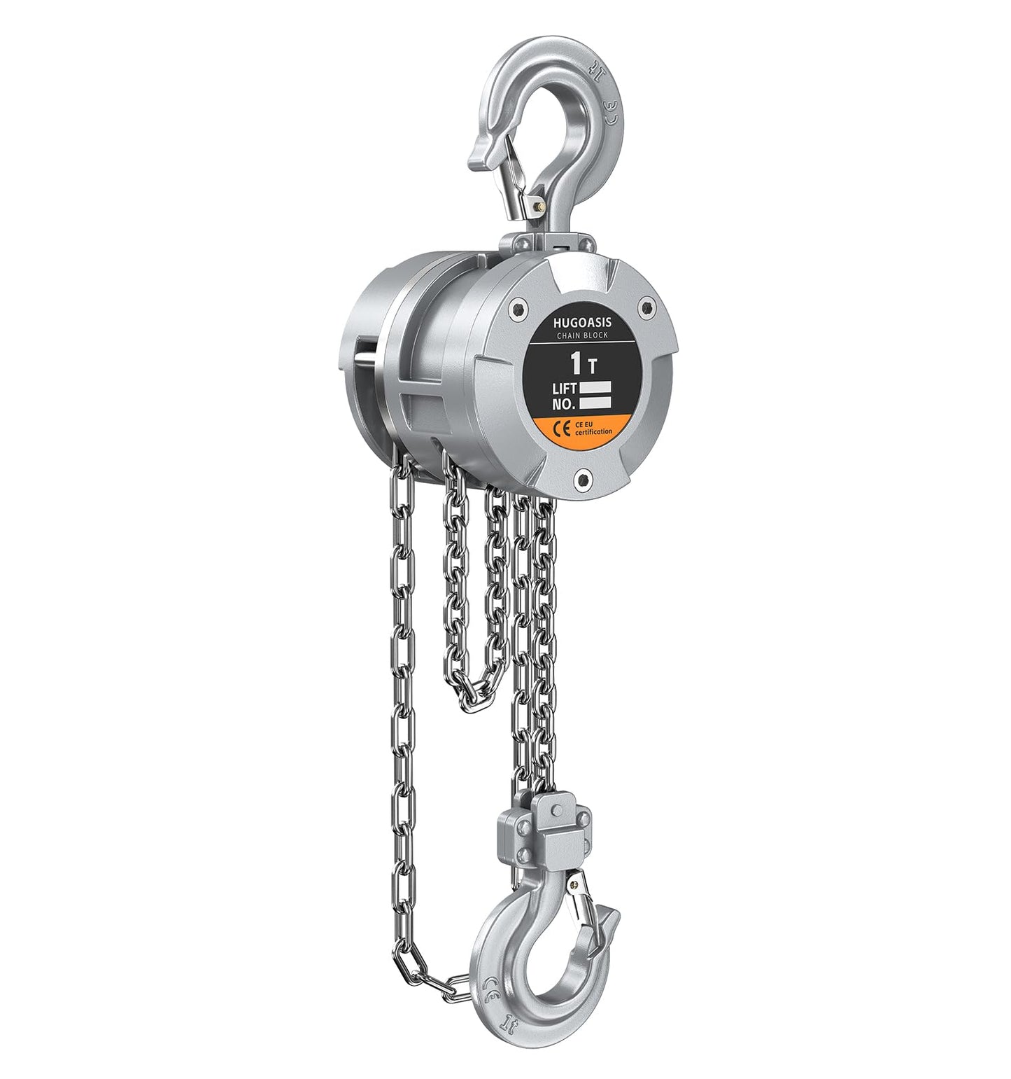 HUGOASIS Aluminum Alloy Hand Chain Hoist 1 Ton 2200lbs Capacity 10ft,Portable Dual Brake Chain Block with Galvanized Chain, 360° Swivel Hook for Garage Warehouse Construction, Workshop Lifting,Sliver