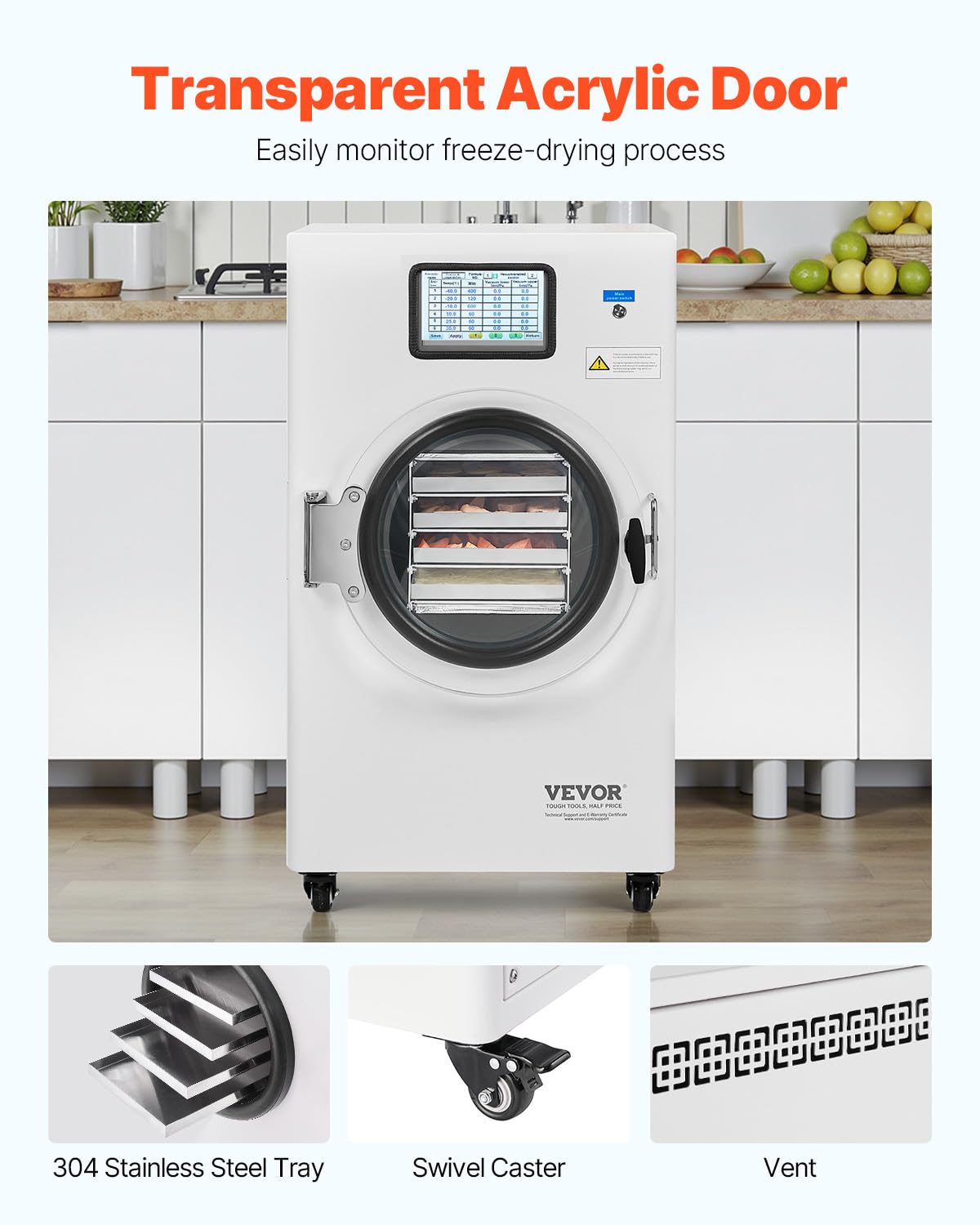 VEVOR Vacuum Freeze Dryer Machine, 8.8-13.2 LBS/Batch Food Freeze Drying Machine with 4-Layer Trays, Vacuum Pump, Adjustable Timer and Temperature Control, for Fruits Vegetables Meat, White
