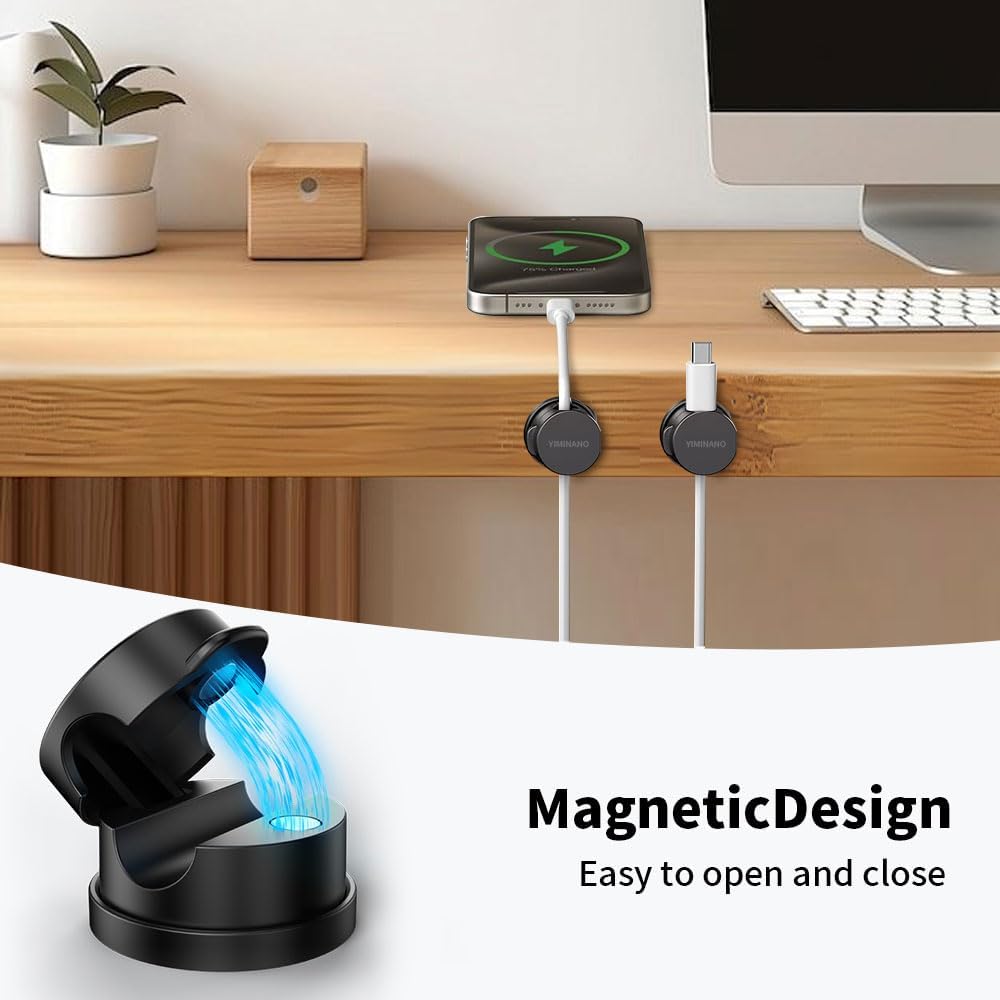 YIMINANO 6 Pack 360 Magnetic Cable Clips, Rotatable Cord Organizer, Adhesive Cable Holder for Desk, Nightstand, Car