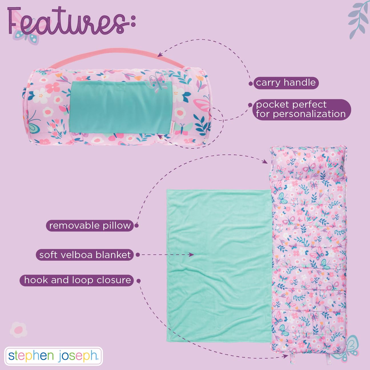 Stephen Joseph, Toddler All Over Print Nap Mat with Soft Blanket and Removable Pillow for Boys & Girls, Kids Sleeping Bag for Elementary, Daycare, Preschool with Carry Handle, Pink Unicorn