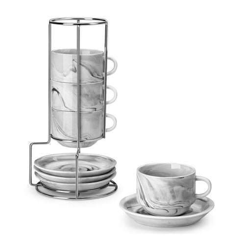 MALACASA 4 OZ Porcelain Espresso Cups with Saucers and Metal Stand Set of 4, Stackable Cappuccino Cups, Marble Gray Expresso Shots Cup Set for Coffee Drinks, Latte, Tea