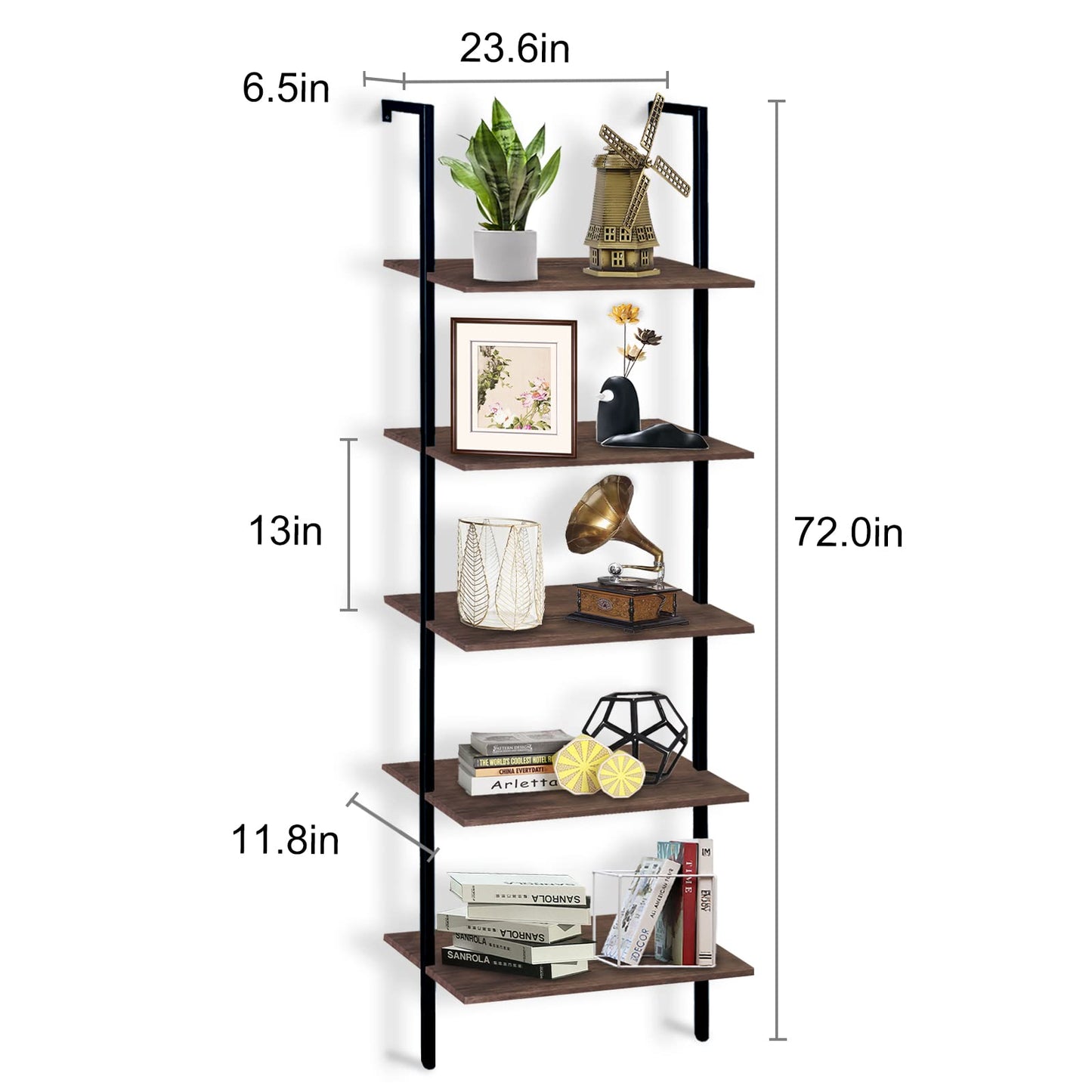 aboxoo Ladder Shelf Open Bookshelf 5-tier Wood Wall-mounted Bookcase Storage Rack Open back Industrial Modern Plant Flower Stand Utility Organizer Bookcase Metal Frame Furniture Office Kitchen Bedroom