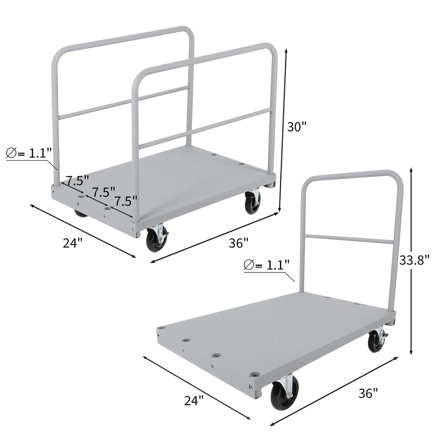 2-in-1 Platform Truck, 2200 LBS Heavy Duty Steel Panel Dolly, 36 x 24 Inch Panel Truck Cart with 2 Handrails & Rubber Swivel Casters, for Factory, Warehouse, Garage, Moving and Storage