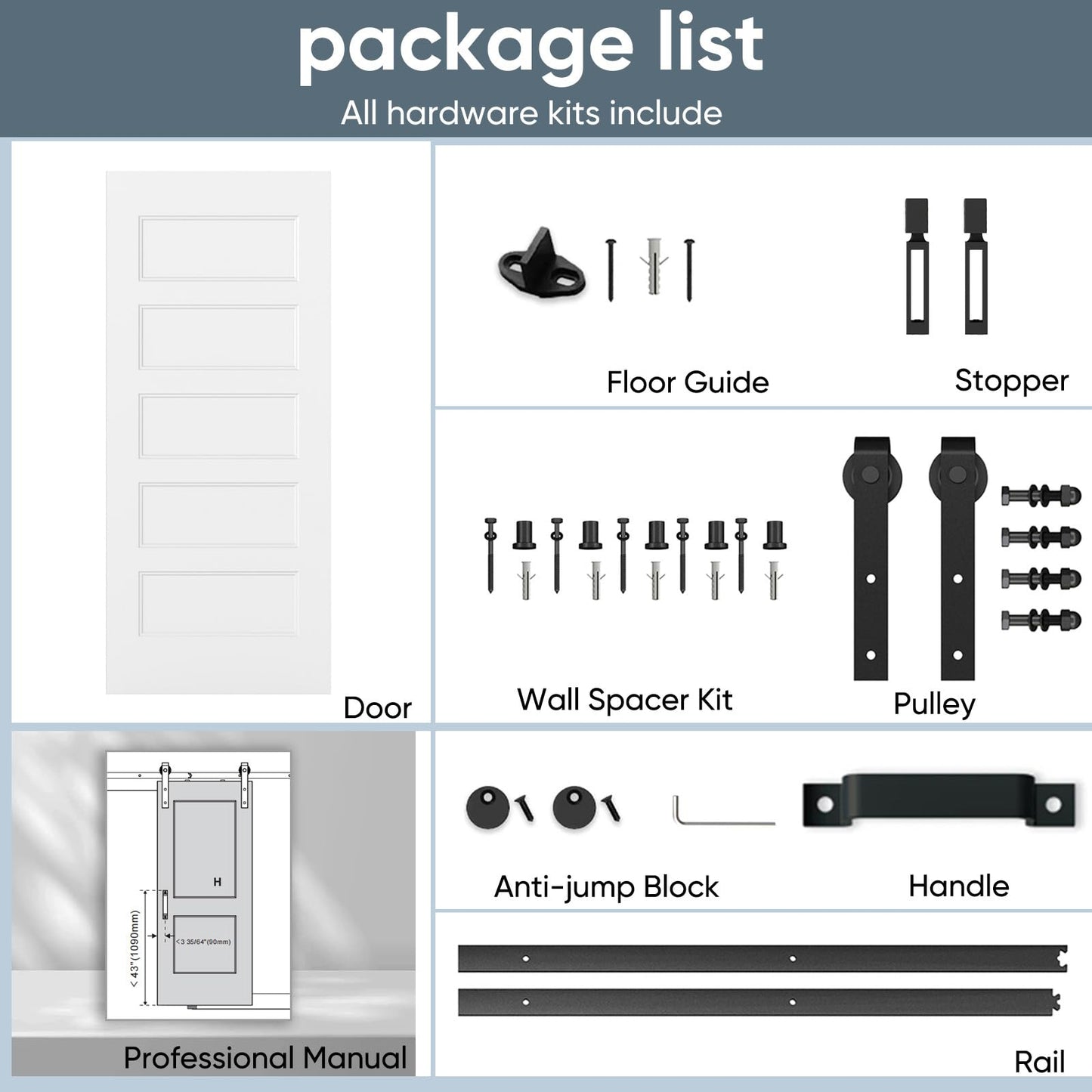 JUBEST 36"x84" Sliding Barn Door, 5-Panel White Primed Hollow Core Interior Molded Door Slab with 6FT Hardware Kits & Handle, Preassembled Panels with Paintable Surface, Durable & Sturdy