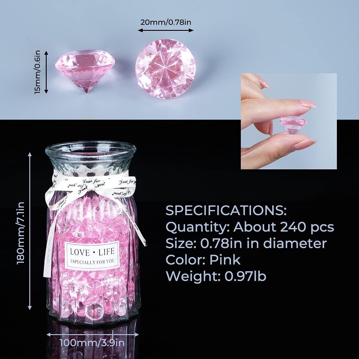 Babenest Acrylic Diamond Fake Gems - 240pcs 3/4 Inch Pink Faux Crystals for Weddings & Events