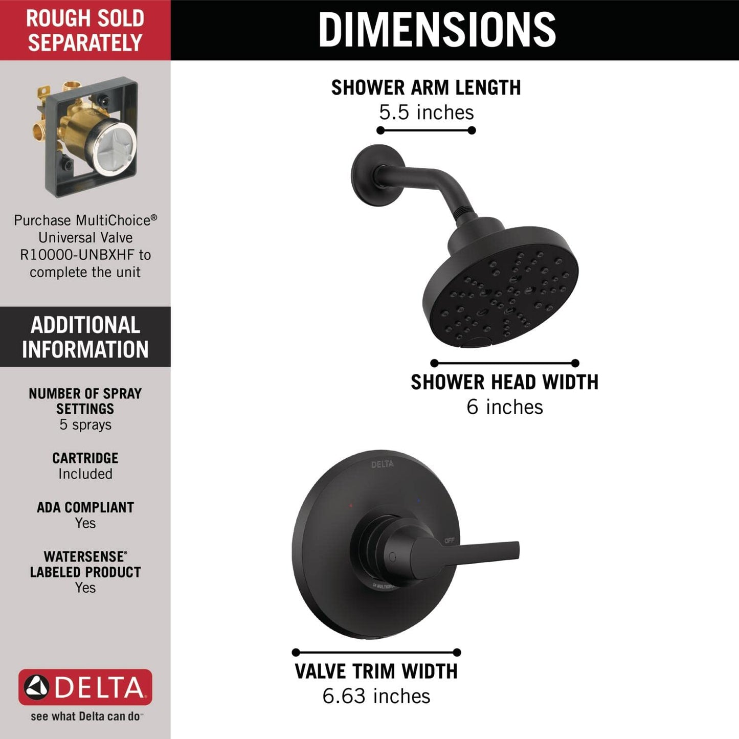 Delta Faucet Galeon Single Handle Matte Black Shower Faucet with H2Okinetic Shower Head, Black Shower Faucet Set, Matte Black Shower Trim Kit, Matte Black T14272-BL (Valve Not Included)