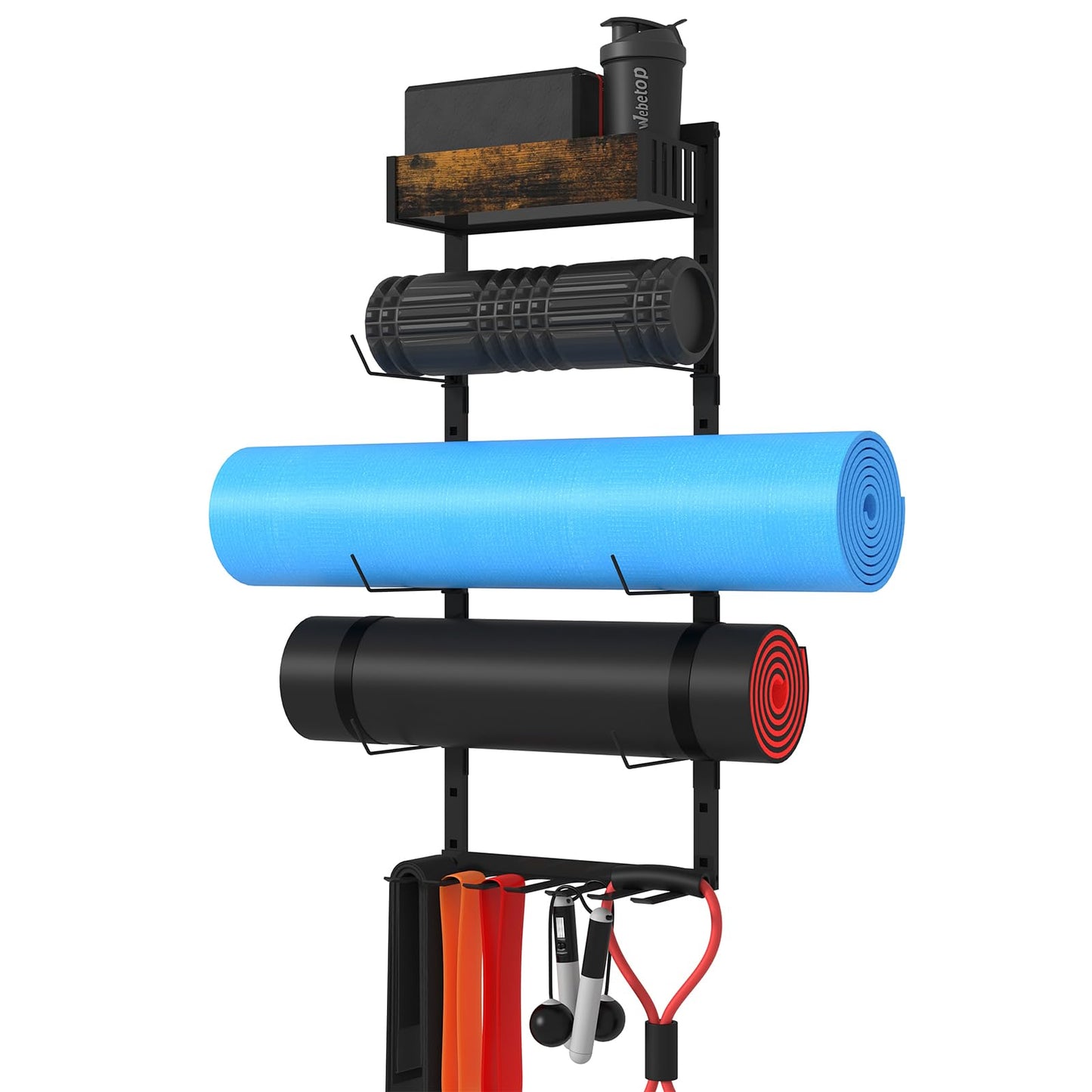 Yoga Mat Holder Wall Mount - Tool-free Adjustable Yoga Mat Rack Shelf, All-in-one Foam Roller Holder for Resistance Bands & Blocks, Space-saving Home Gym Organizer for Small Space Training Storage
