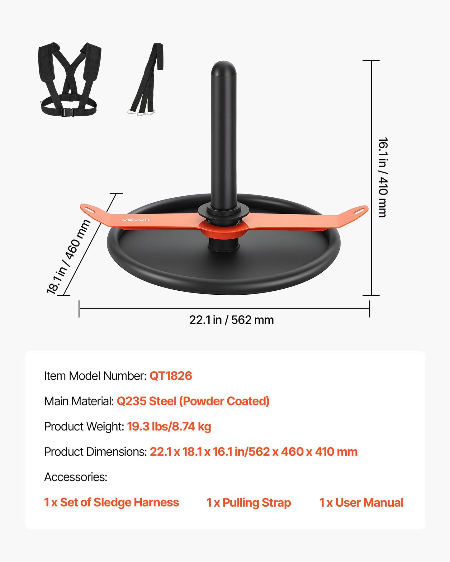 VEVOR Weight Sled, Steel Power Sled, Fitness Strength Training Pull Push Running Sled, Fitness Workout Sled Push Gym Equipment, with Harness, Compatible 2 in Weight Plates, Orange & Black
