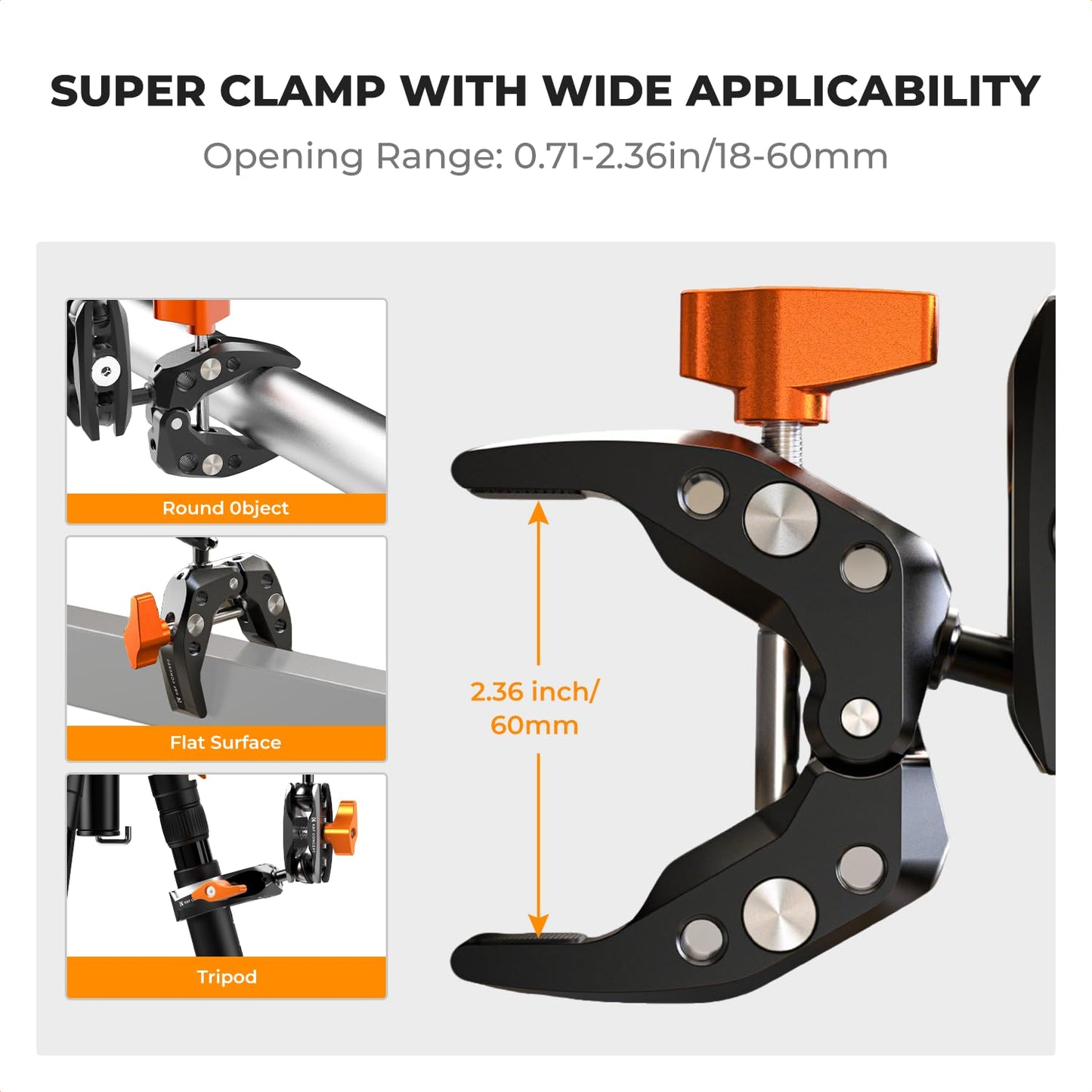 K&F CONCEPT Camera Clamp Mount, Super Clamp Mount Magic Arm with Two 360° Ball Heads, ARRI 1/4" Screw Threads for DSLRs, Action Camera, Tripod, Phone Compatible with Gopro/DJI/Insta360