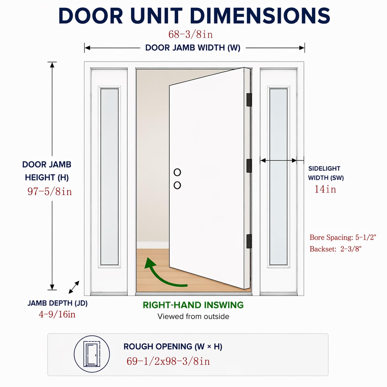 68x96in Fiberglass Front Door with 14in Sidelight, Black Exterior Entry Door for Home, Right-Hand Inswing, Textured Finished with Hammered Glass Knock-Down Door, Vinyl Frame and Brickmould Included