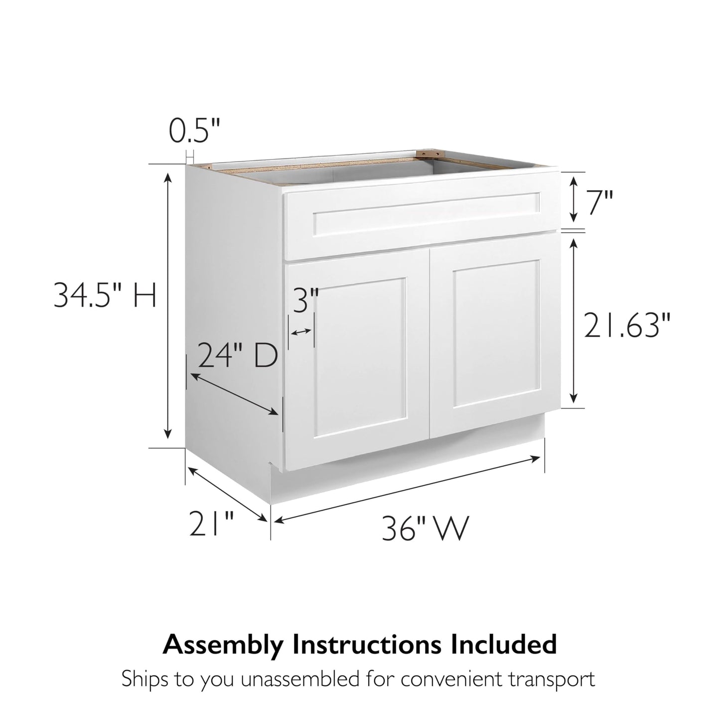 Design House Brookings Shaker Unassembled Sink Base Kitchen Cabinet SB36, 36 W x 24 D x 34.5 H, Painted White, Solid Wood, Design House, 561498