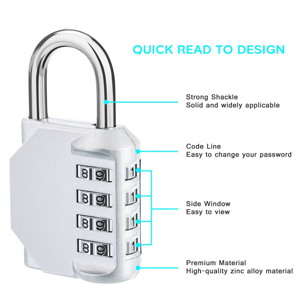 ZHEGE Combination Lock 2 Pack, 4 Digit Outdoor Padlock for School Gym Sports Locker, Fence, Toolbox, Case, Hasp Cabinet Storage (Silver, 2 Pack)