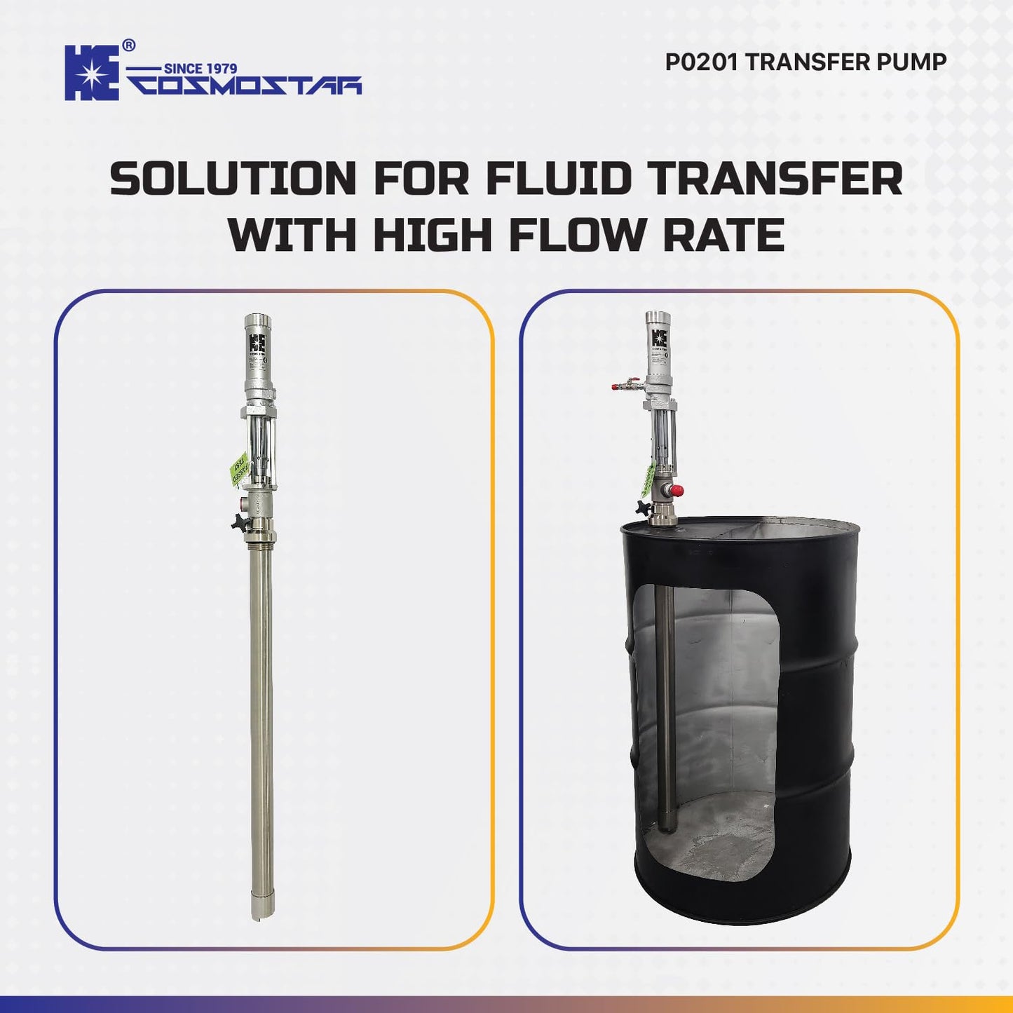 COSMOSTAR 1:1 Air Operated Pneumatic Piston Pump for 55 Gallon Drum Teflon Packing Oil Chemical Transfer Pumps