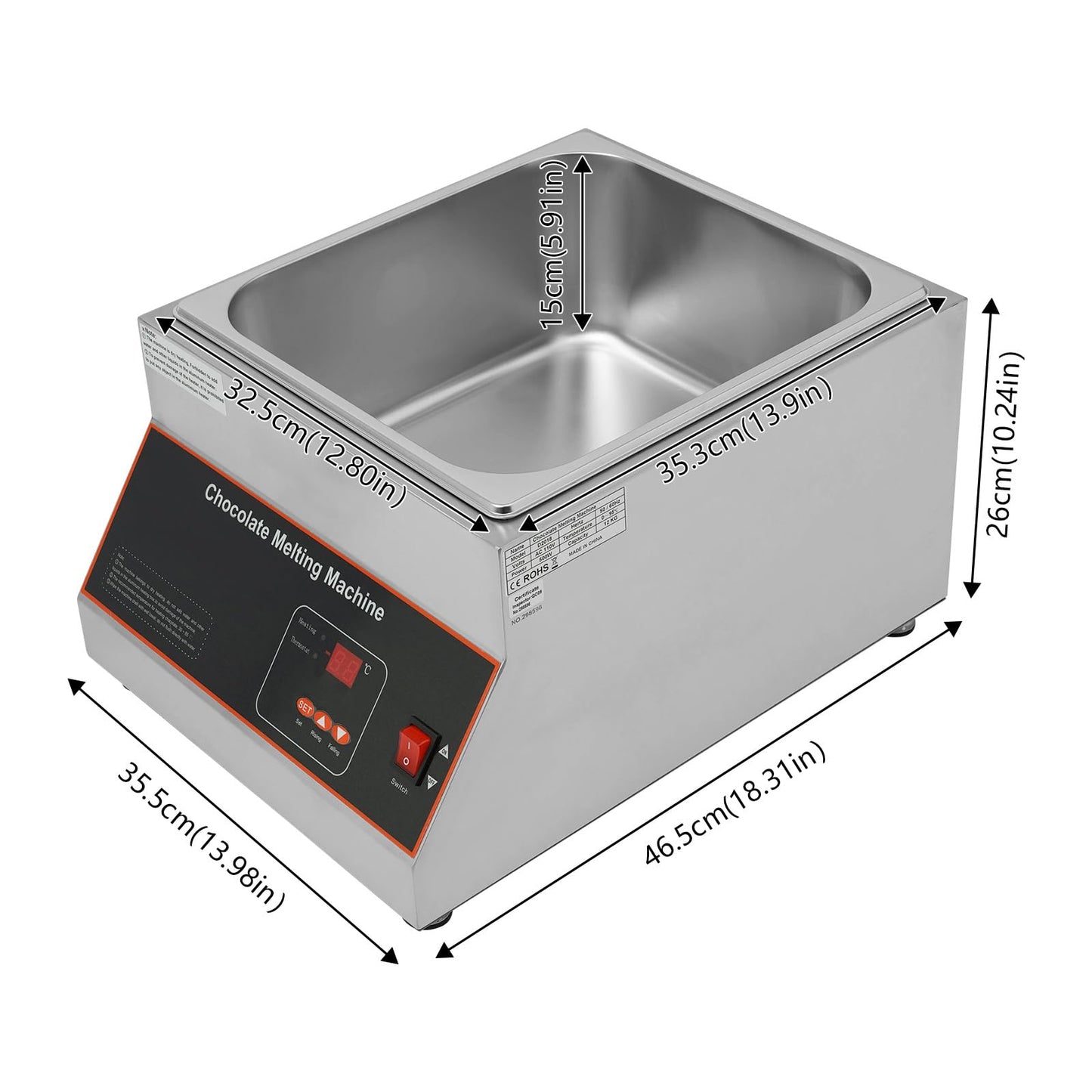 Bokknppo Chocolate Tempering Machine 32-203°F Commercial Chocolate Melting Pot 26.46 lbs Stainless Steel Food Warmer Air-heating Chocolate Fondue with Lid for Restaurant Home Party (Single Pot)