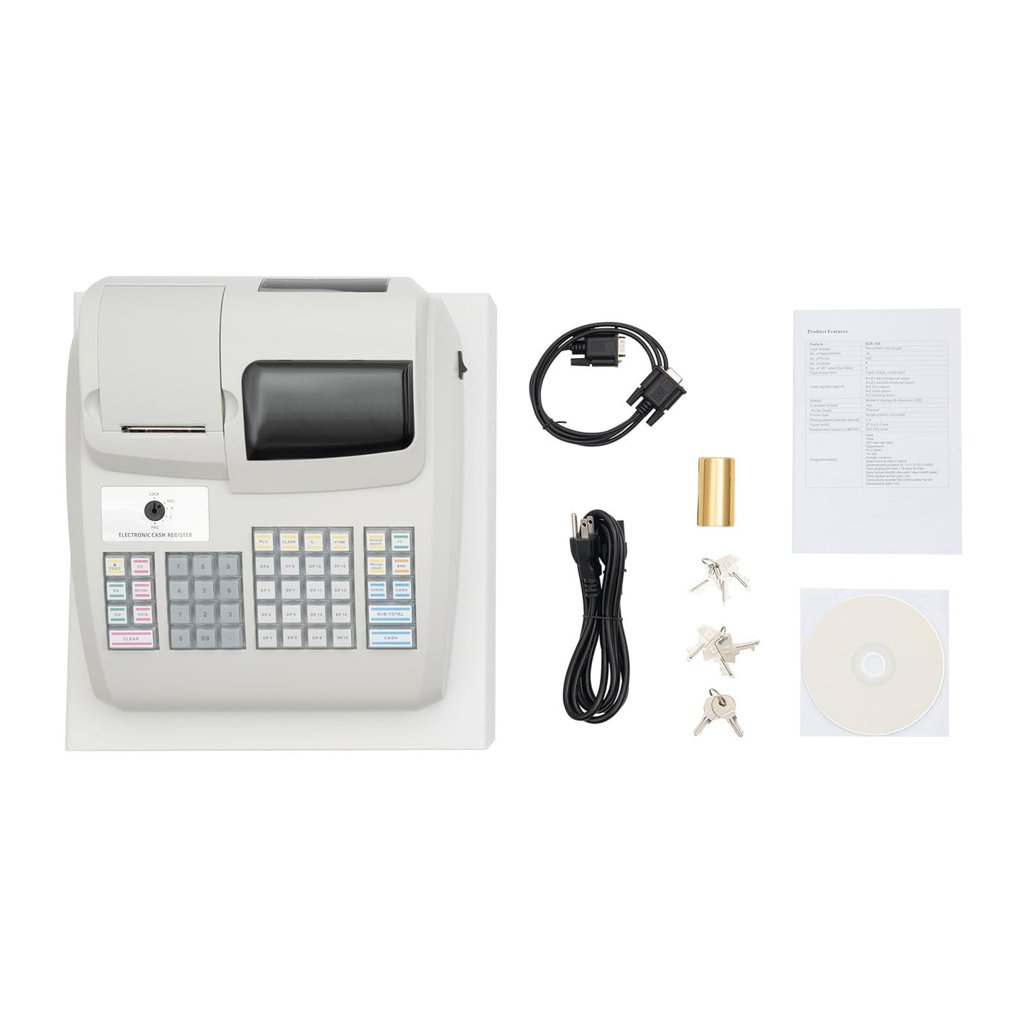 Ageanbri Cash Management System Electronic POS System Commercial Cash Register with Flat Keyboard&Thermal Printer,Multifunctional Cash Register 47 Keys LED for Retail/Restaurant (White)