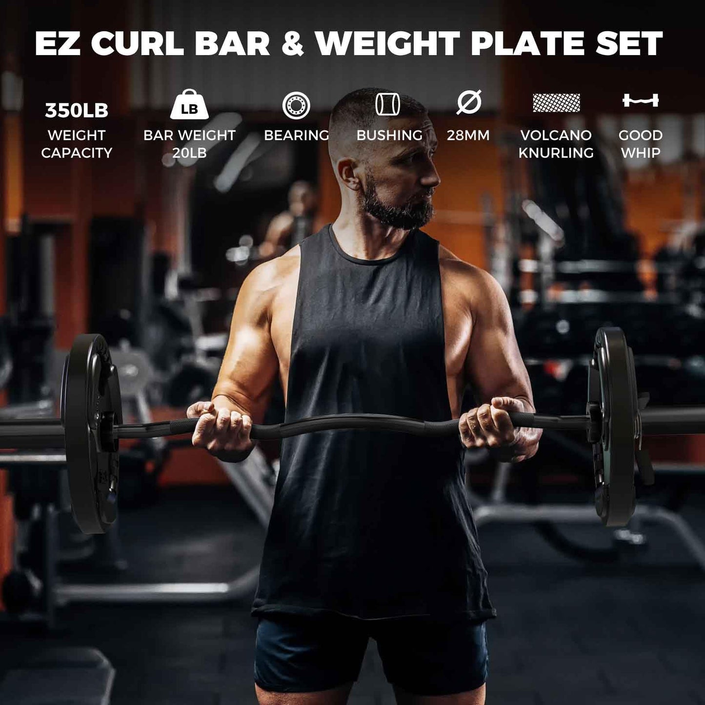 RitFit 2 Inch EZ Curl Bar with Weights, 350LBS Capacity Olympic Barbell for Bicep & Triceps, Home Gym Strength Training,Black with 35LBweights