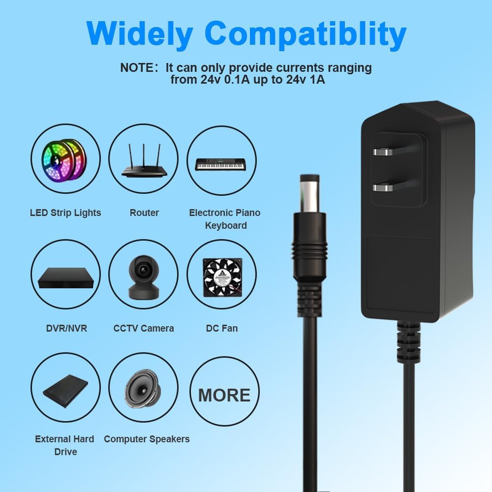 ENGFYADSY 24V 1A 24V 1A 2.5mm 5.5mm 24V 24W Power Supply Adapter AC to DC with X Plug for LED Strip Lights/Cable