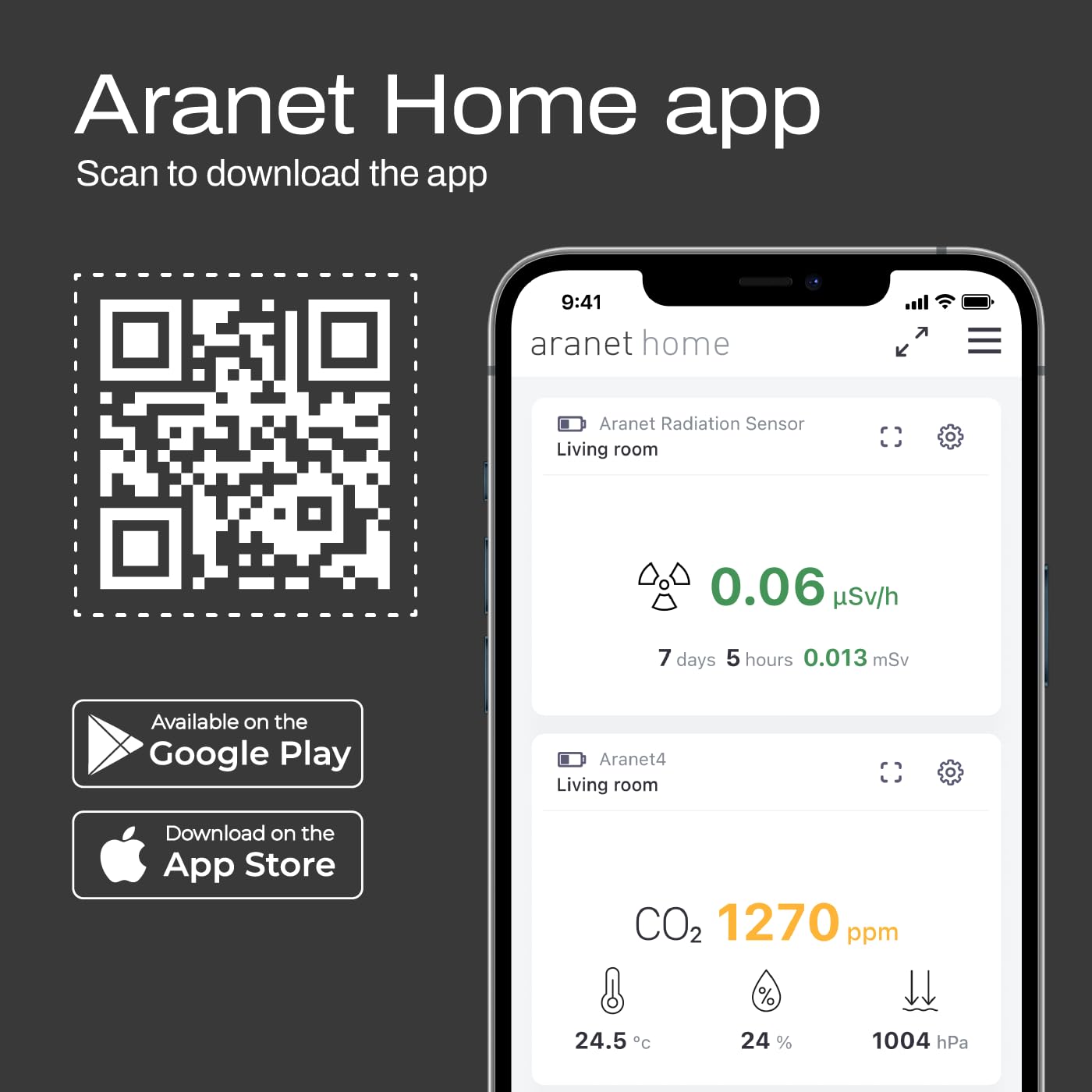 SAF Aranet Radiation Detector, Dosimeter, Portable, Measures Dose Rate & Total Dose of Ionizing Radiation, E-Ink Display, 4-Year Battery Life, Bluetooth Connection, Free App with Graphics & Alarm