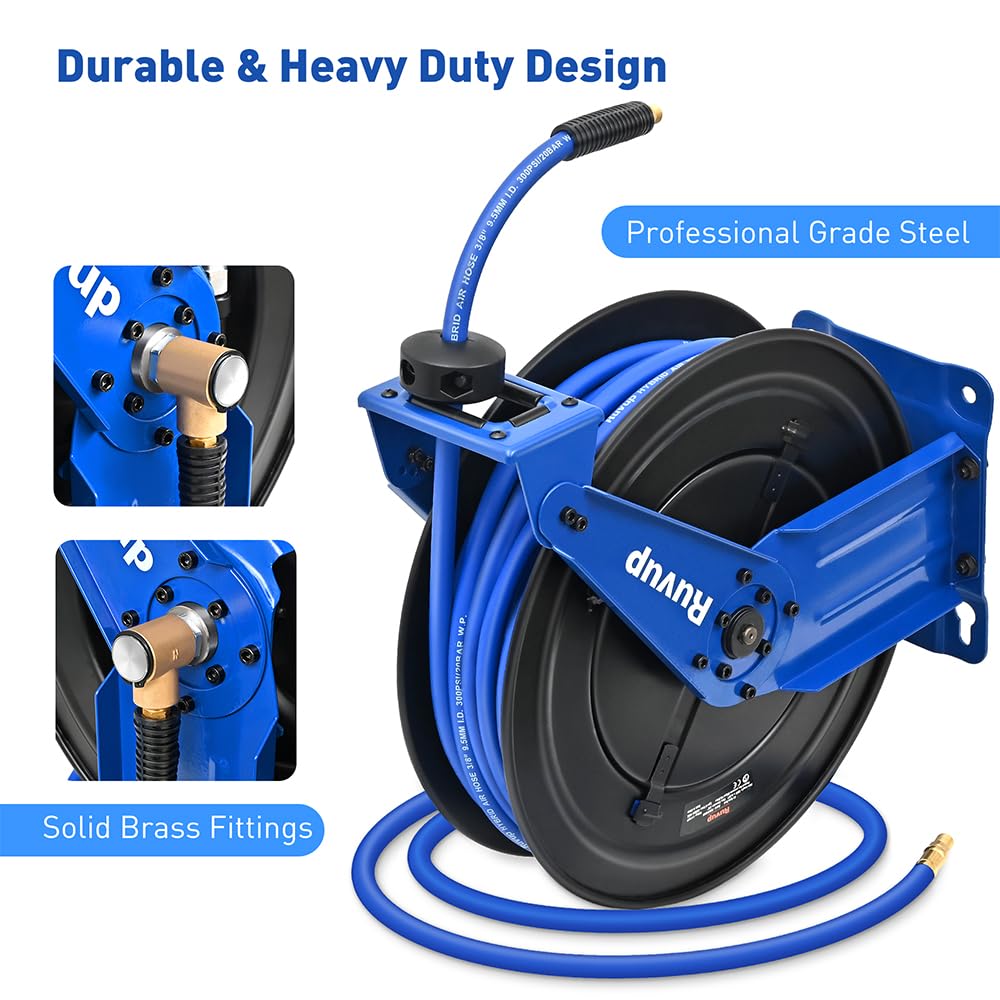Ruvup Retractable Air Hose Reel, 3/8" x 75ft Air Compressor Hose Reel Auto Rewind Hybrid Hose Max 300PSI with 6.5ft Lead Hose Heavy Duty Steel Double Arm with 12-Position Ratchet Lock
