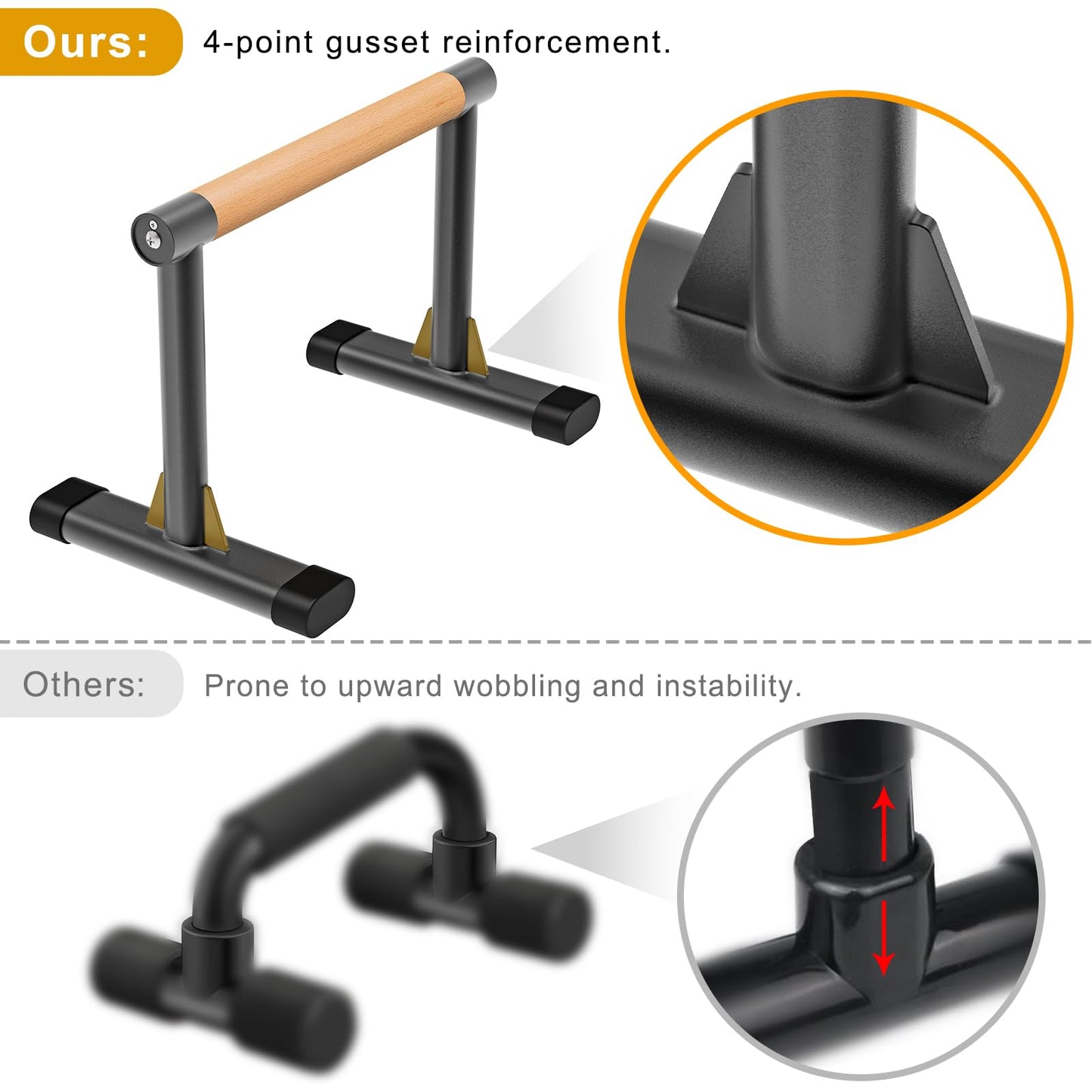 Kipika Parallette Bars for Calisthenics - Push Up & Dip Bar with Wood Handles, Rock-Free Support for Handstand, L-Sit & Home Strength Training, 600LB Capacity, 12" Height (Wood)