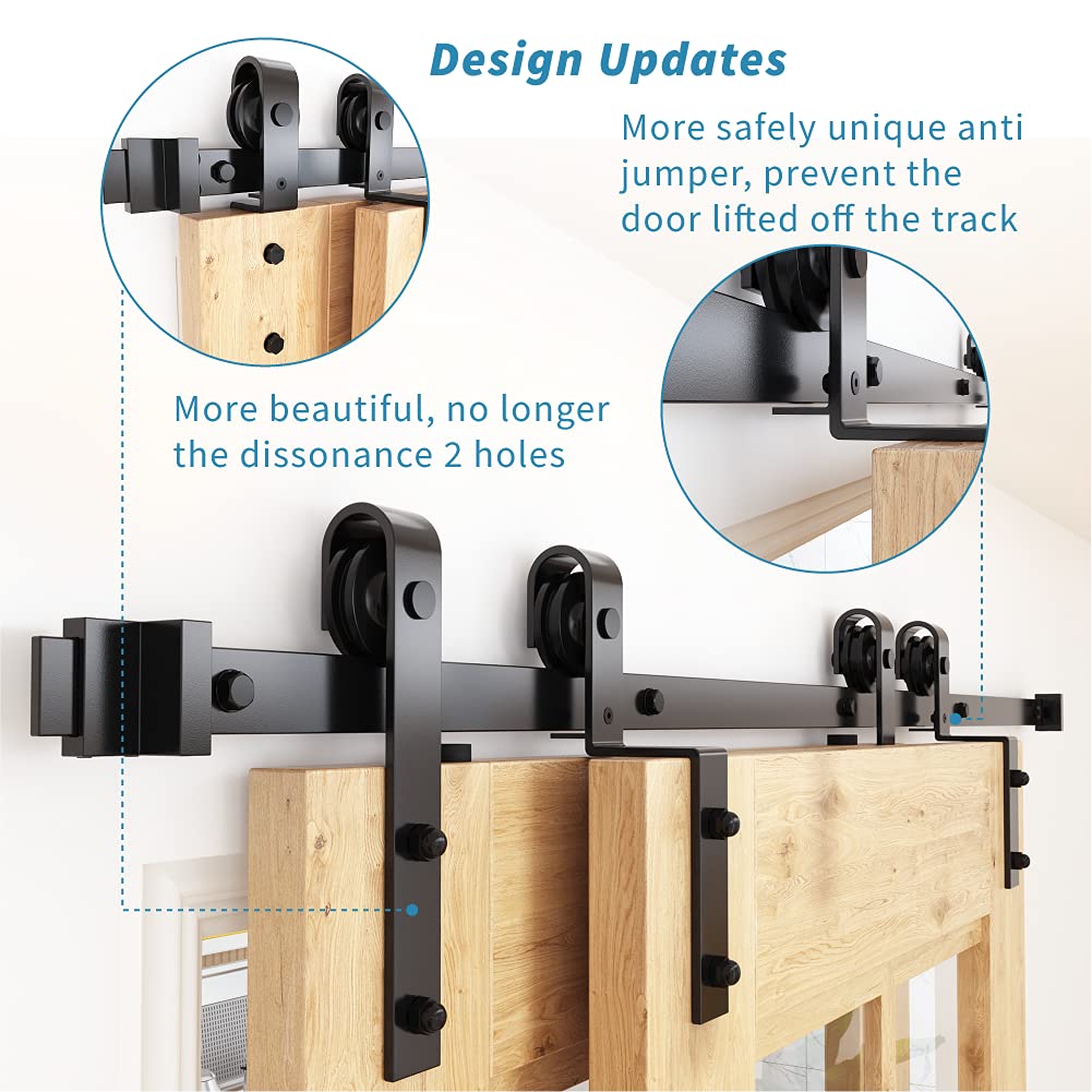 ZEKOO 5 FT Bypass Barn Door Hardware Kit, Single Track, Double Wooden Doors Use, Flat Track Roller, Low Ceiling (5 FT Single Track Bypass)