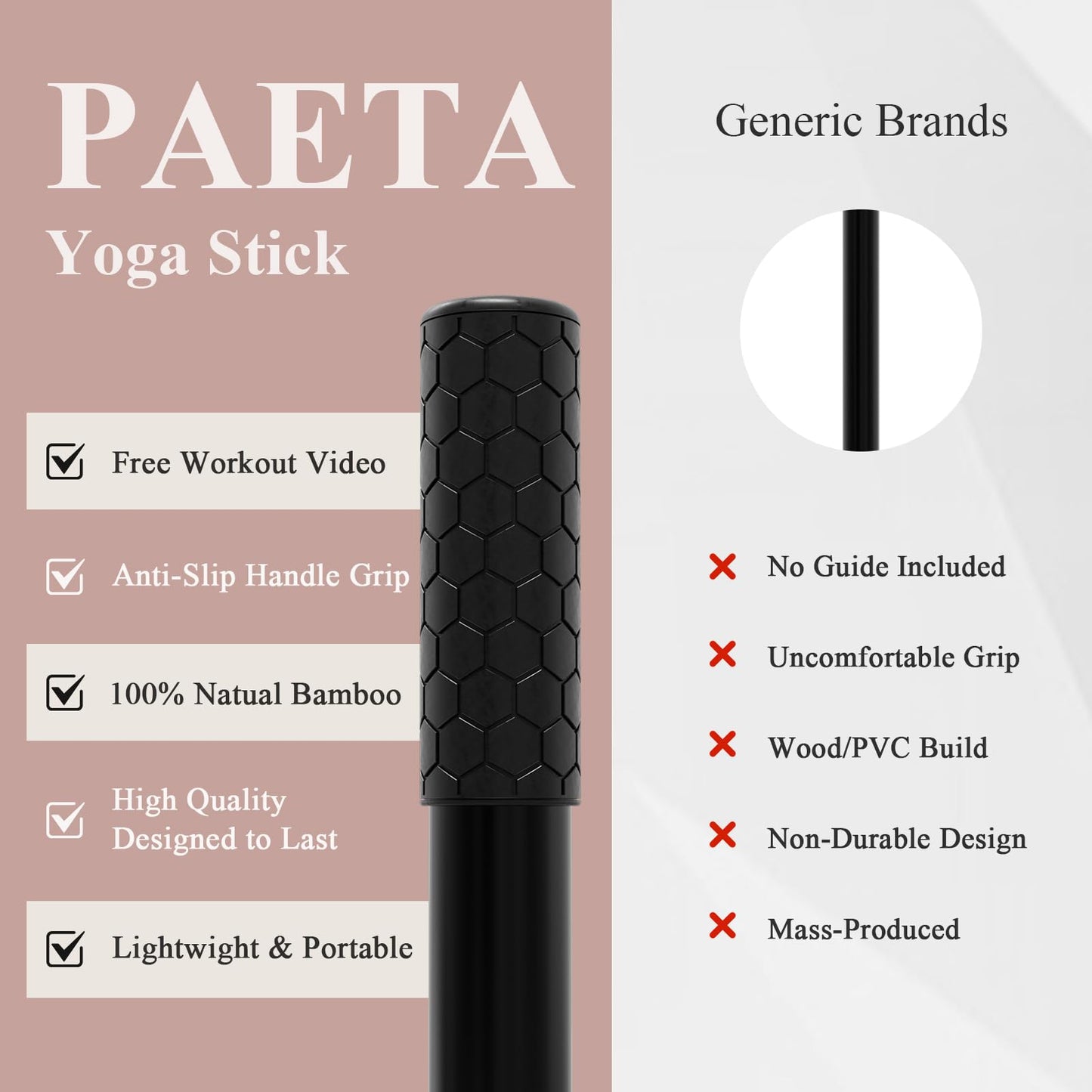 PAETA Yoga Stick for Stretching, 5ft Exercise Stick for Mobility & Flexibility, Bamboo Stretch Bar and Posture Pole with Non-Slip Grip - Includes Free Video Guide, Black