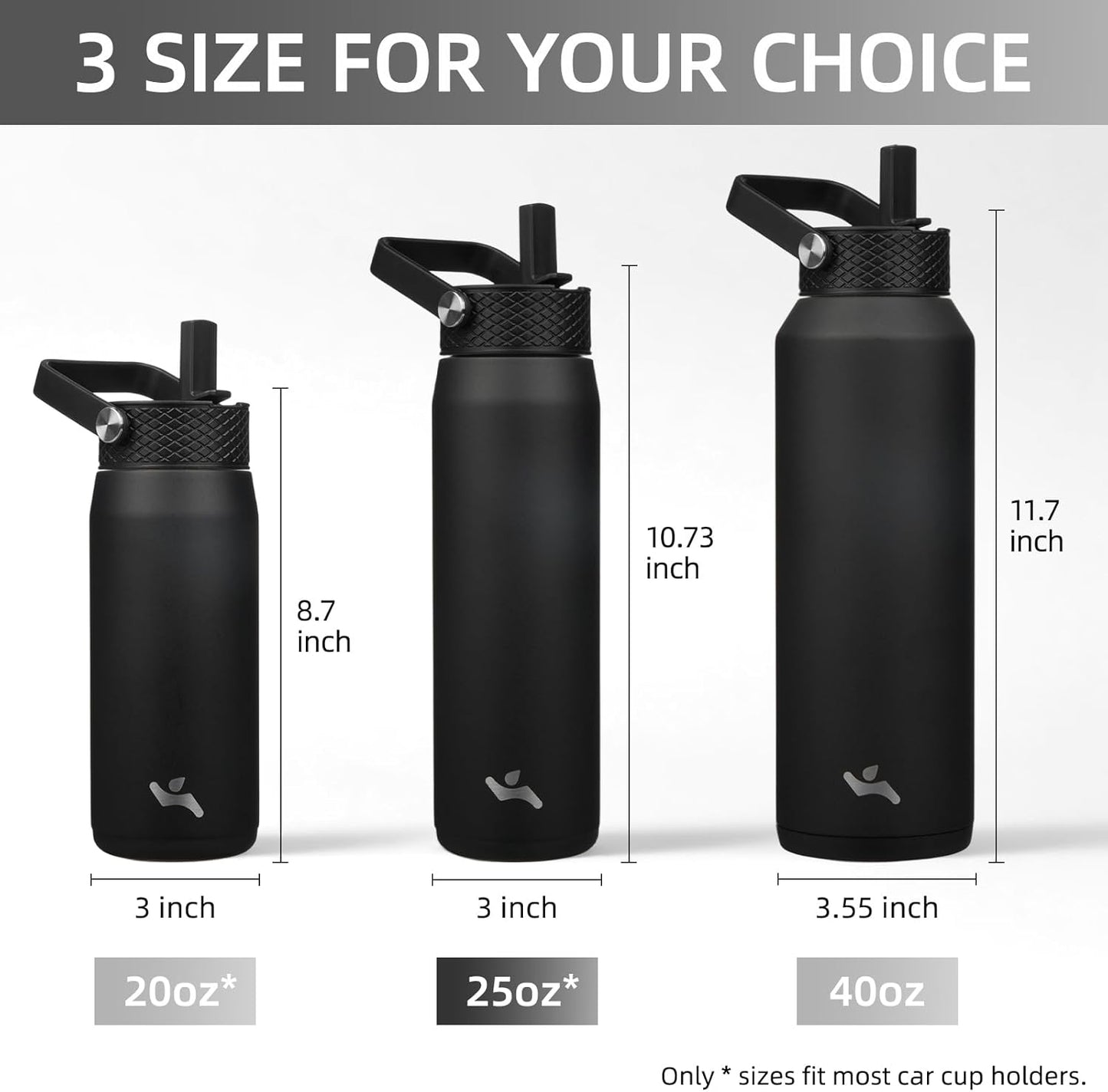 Skiennix 25oz Insulated Stainless Steel Water Bottle - Leakproof BPA-Free with 3 Lids for Gym & Travel | Black