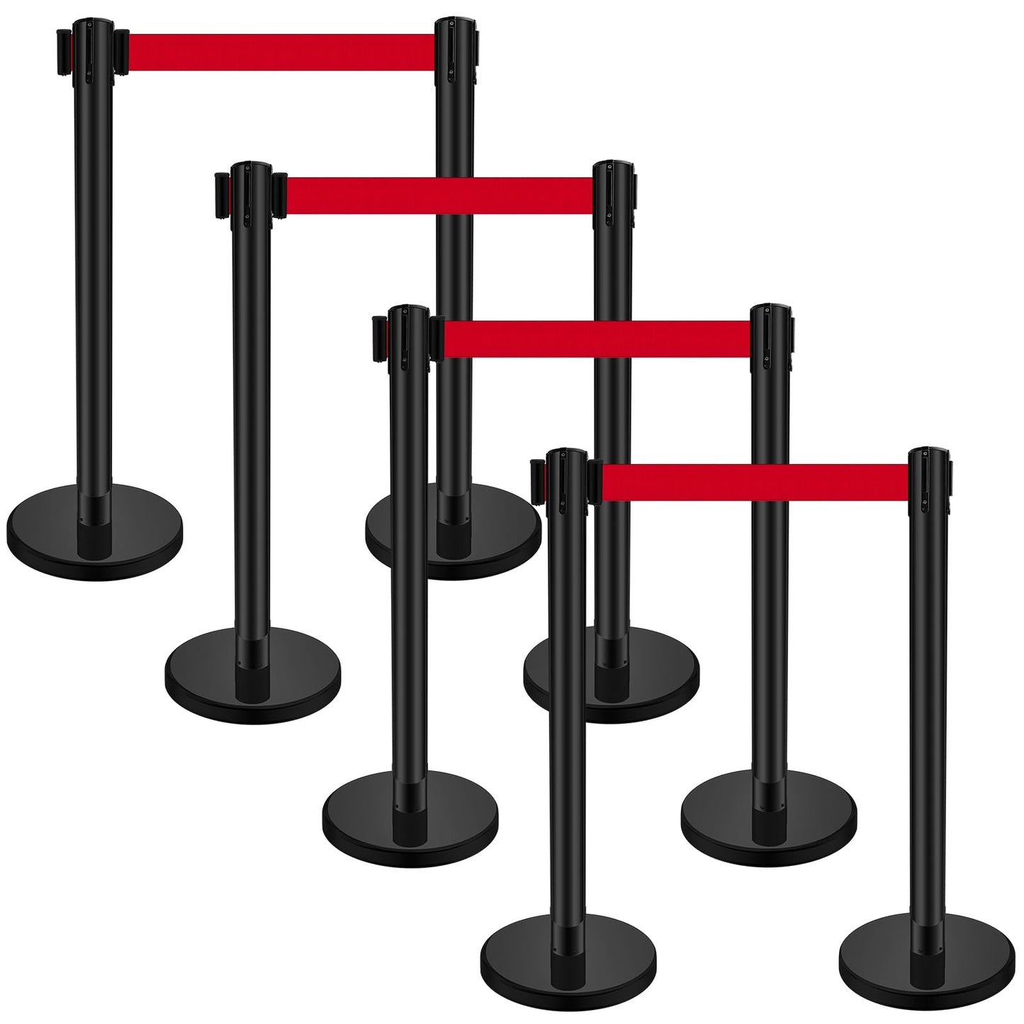 Ferraycle 4 Sets Stanchions with Retractable Belts in 6.6 ft Stainless Steel Crowd Control Stanchion Retractable Belt Barrier Line Dividers for Crowds Queue Line Pole, Easy Assembly (Red Belt)