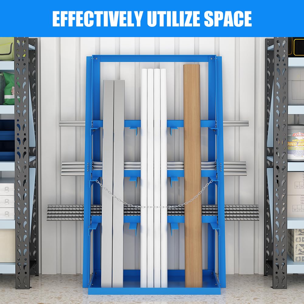 Yeeoy Vertical Bar Rack, 3000 LB Capacity, Heavy Duty Long Parts Storage Rack, Lumber Storage Rack with Safety Chain, Pipe Organizer Shelf for Garage Workshop Factory, Blue