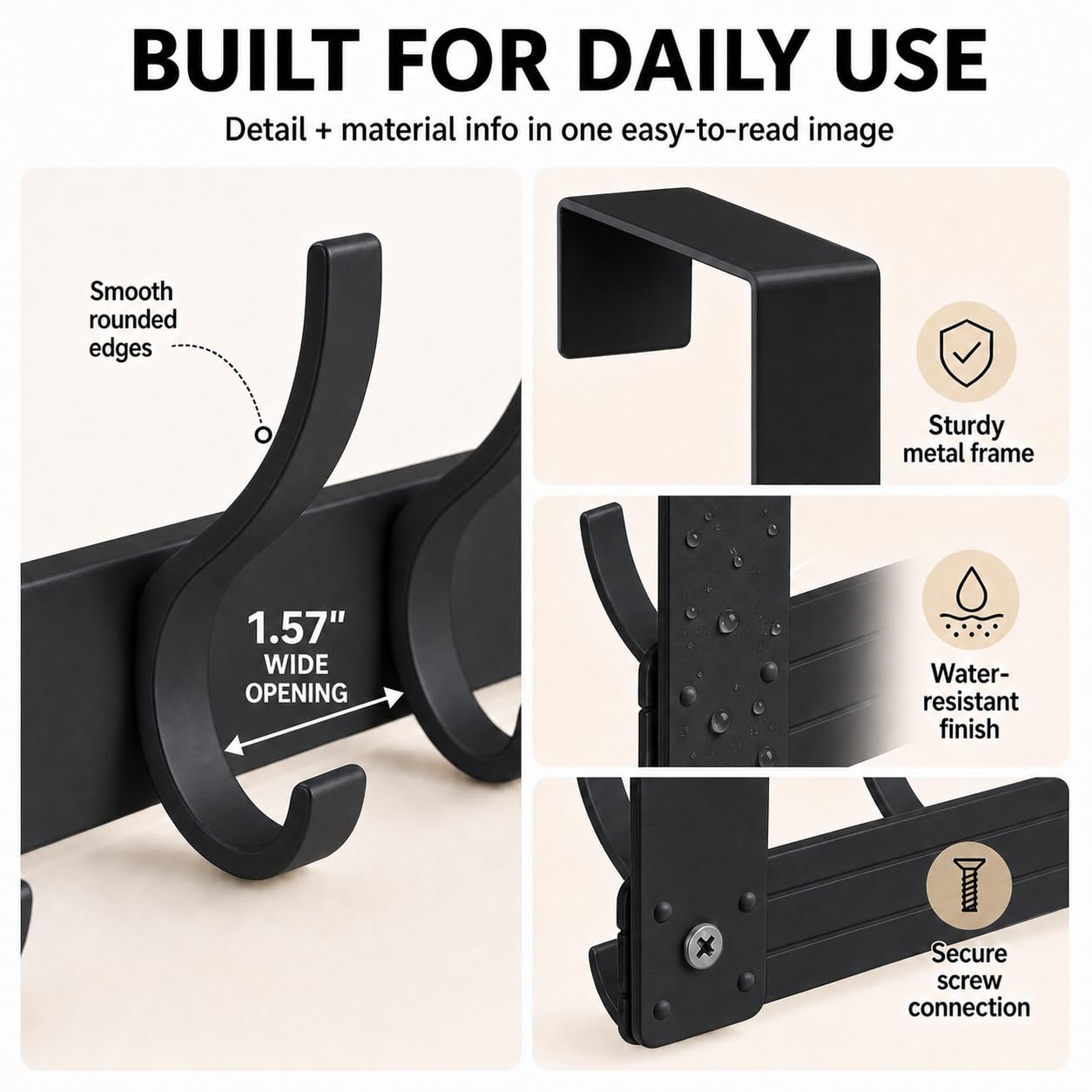Peasulin 2 Pack Large Over The Door Hooks, Sturdy Door Hanger with 12 Hooks, Door Towel Rack for Bathroom, Bedroom, Kitchen, Coat Rack for Hanging, Easy to Install (Black)
