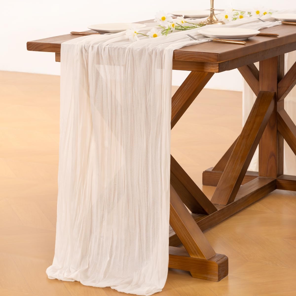 Socomi Ivory White Cheesecloth Table Runner - 120 Inch Boho Rustic Decor for Weddings & Events