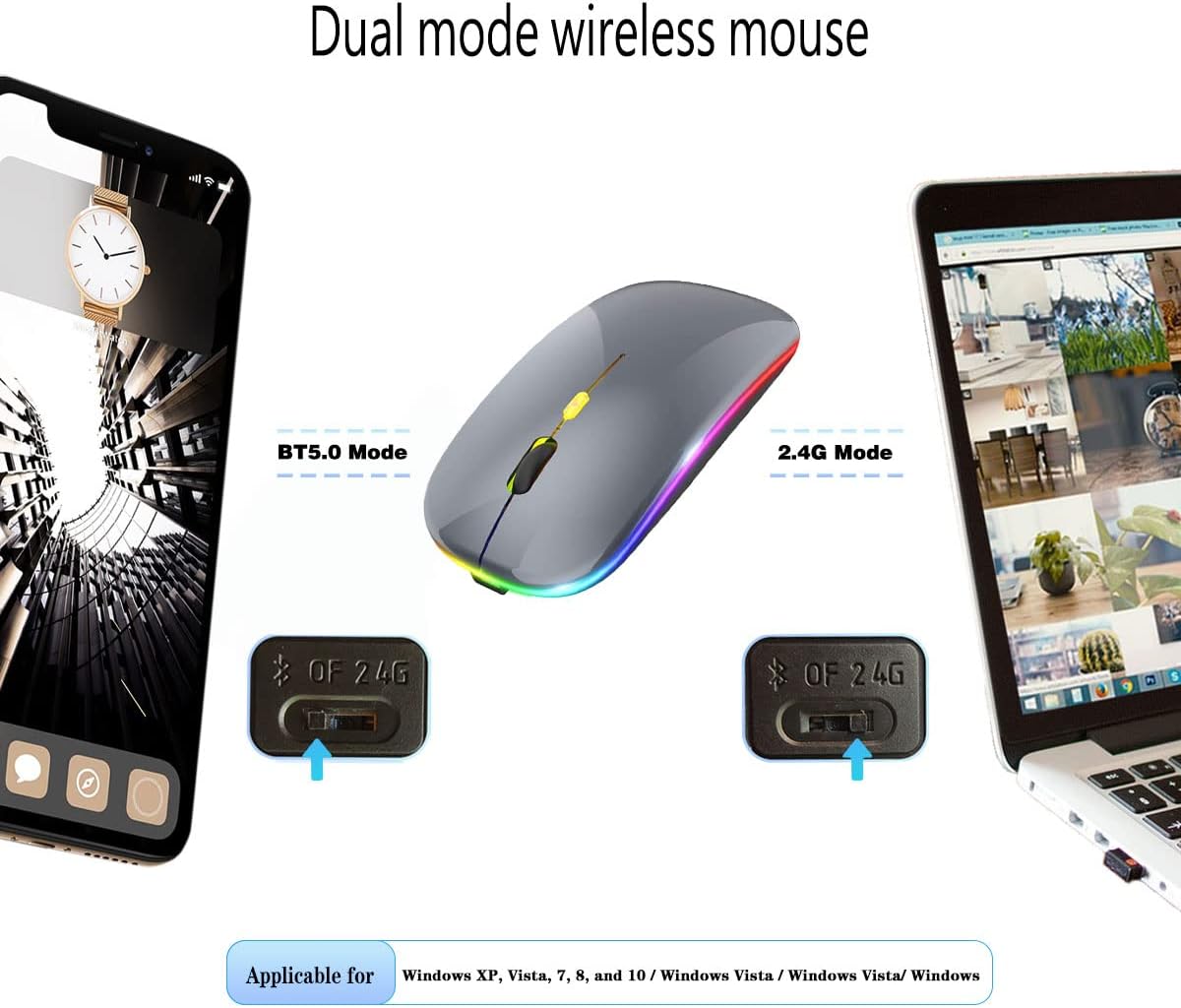 WREANU Use(BT5.2 2.4G Wireless Bluetooth Mouse Rechargeable Laptop Mice with LED Lights Silent Slim and Portable USB)