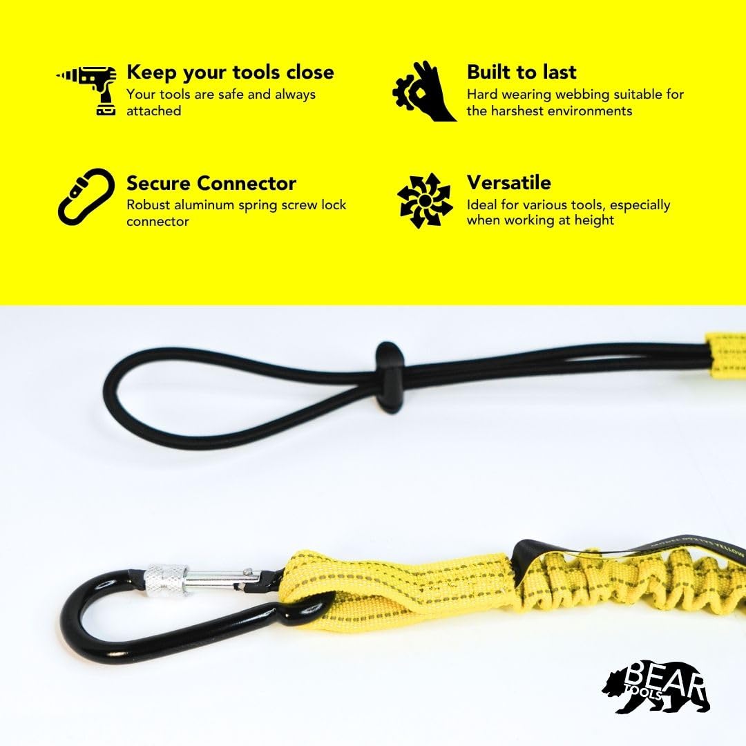 BearTOOLS Tool Lanyard with Buckle Strap – Clip Bungee Cord – Heavy Duty Screw Locking Connector – Fall Protection and Safety – Adjustable Loop End – Tough Tether – Construction - 09220YS (20 Pack)