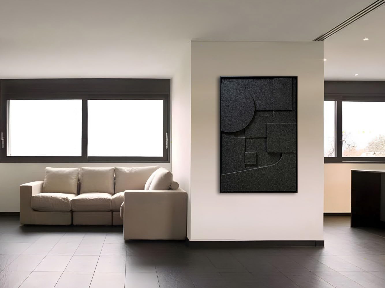 Slyart Black Textured Wall Art - Handmade 3D Abstract Relief Painting | Framed Vertical Art 24x36 Inch