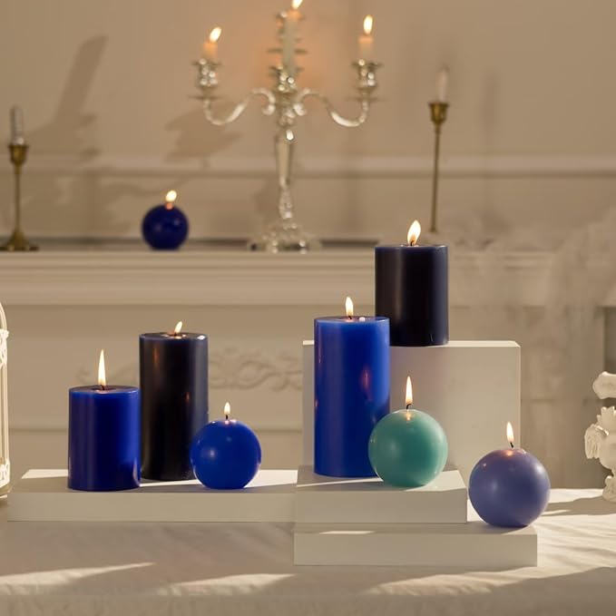 MOZEAL 3" x 6" Hand-Poured Unscented Candle, Dripless Pillar Candle Set of 3, Long Lasting Burning, Approx 120 Hours Burn Time, Rustic Country Style, for Winter Celebrations, Royal Decors, Royal Blue