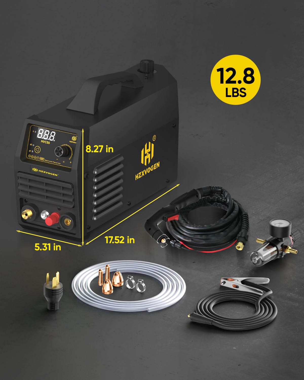 H HZXVOGEN Plasma Cutter 55A Non Touch Pilot Arc Plasma Cutters 110/220V Dual Voltage, Digital Display DC IGBT Inverter HF Air Plasma Cutting Machine, 1/2" Clean Cut 4/5" Max Cutting & 2T/4T(HVC55)