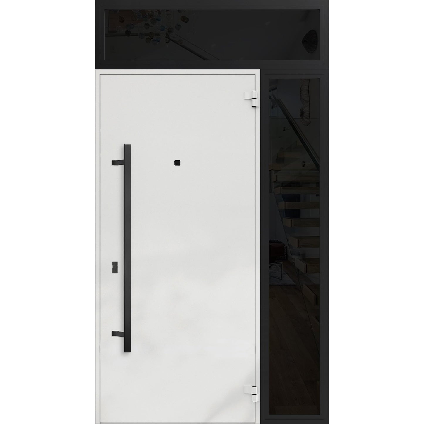 VDOMDOORS Front Exterior Prehung Steel Door/Deux 6072 Black Enamel/Side and Top Exterior Window Sidelite/Entry Metal Modern Painted W36+14" x H80+16" Left Hand Inswing
